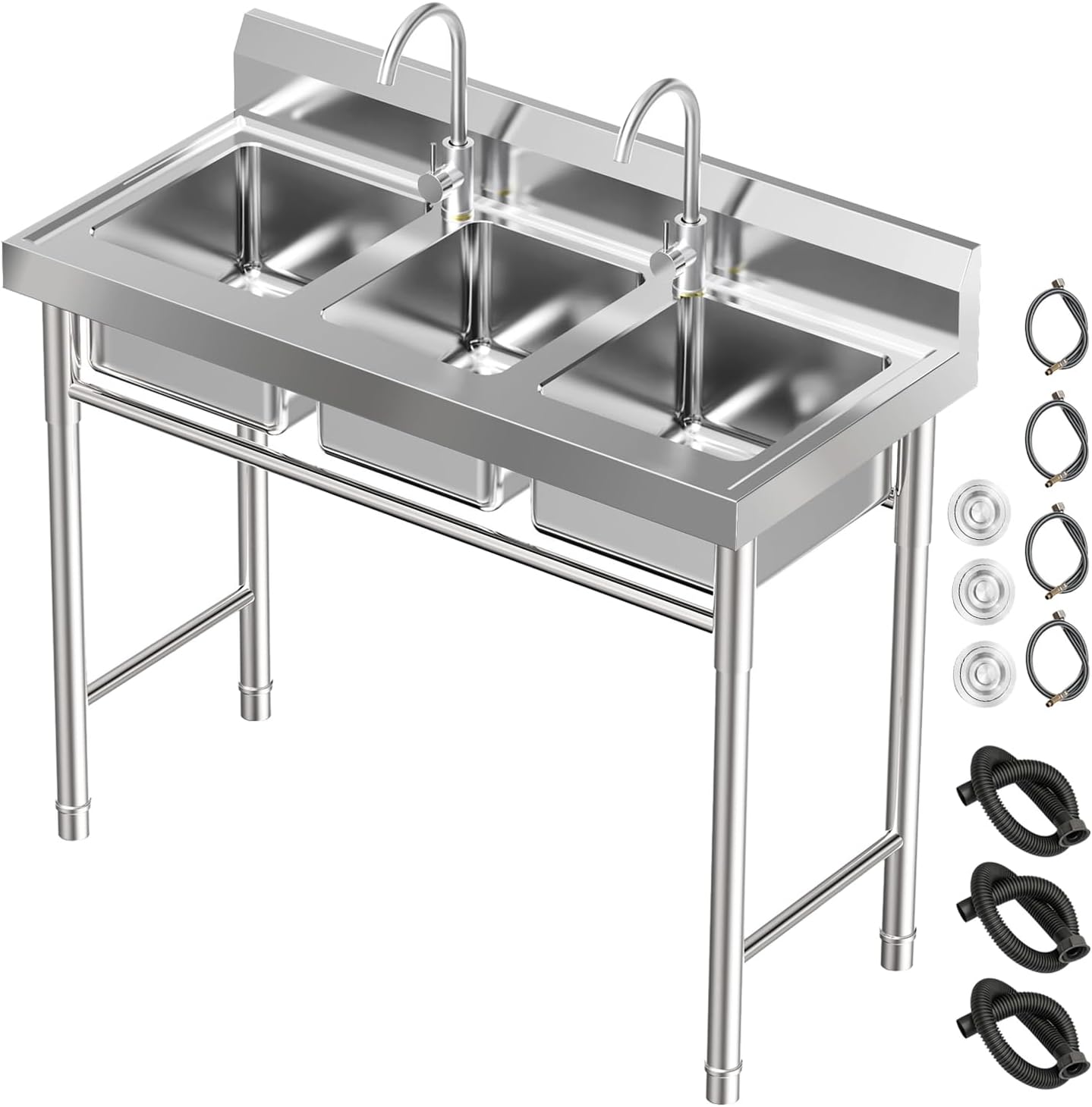 3 Compartment Stainless Steel Sink Commercial Kitchen Sink with Cold and Hot Water Pipe & Faucets Food Truck Sink Triple Sink for Garages, Restaurant, Coffee Shop 39'D x 18'W x 35.8'H