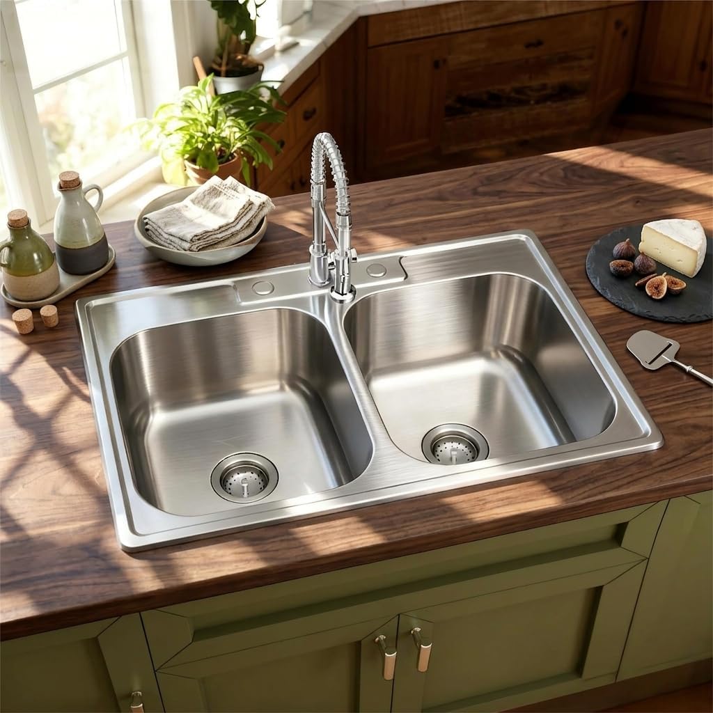 Kitsitchen 33x22 Drop in Kitchen Sink, 33 Inch 304S Stainless Steel Double Bowl Kitchen Sinks with 50/50 Design and Two Strainer, 33' X 22'X 9' Large and Deep Top Mount Kitchen Sinks with 3 holes