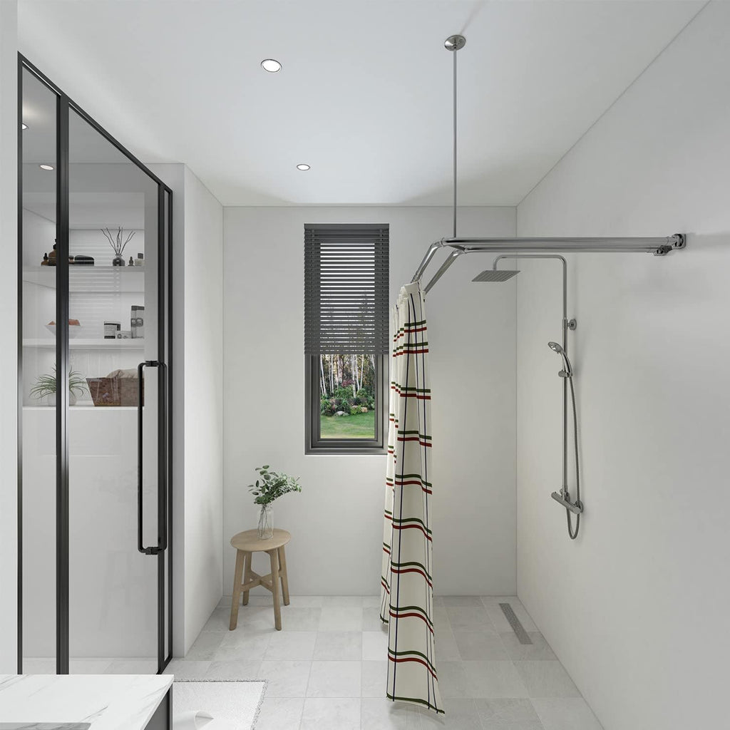 Naiture Dual Corner Rods Double Corner L Shaped Shower Curtain Rod with T Shape Ring Ceiling Support, Stainless Steel 60'' x 30'', Brushed Nickel Finish