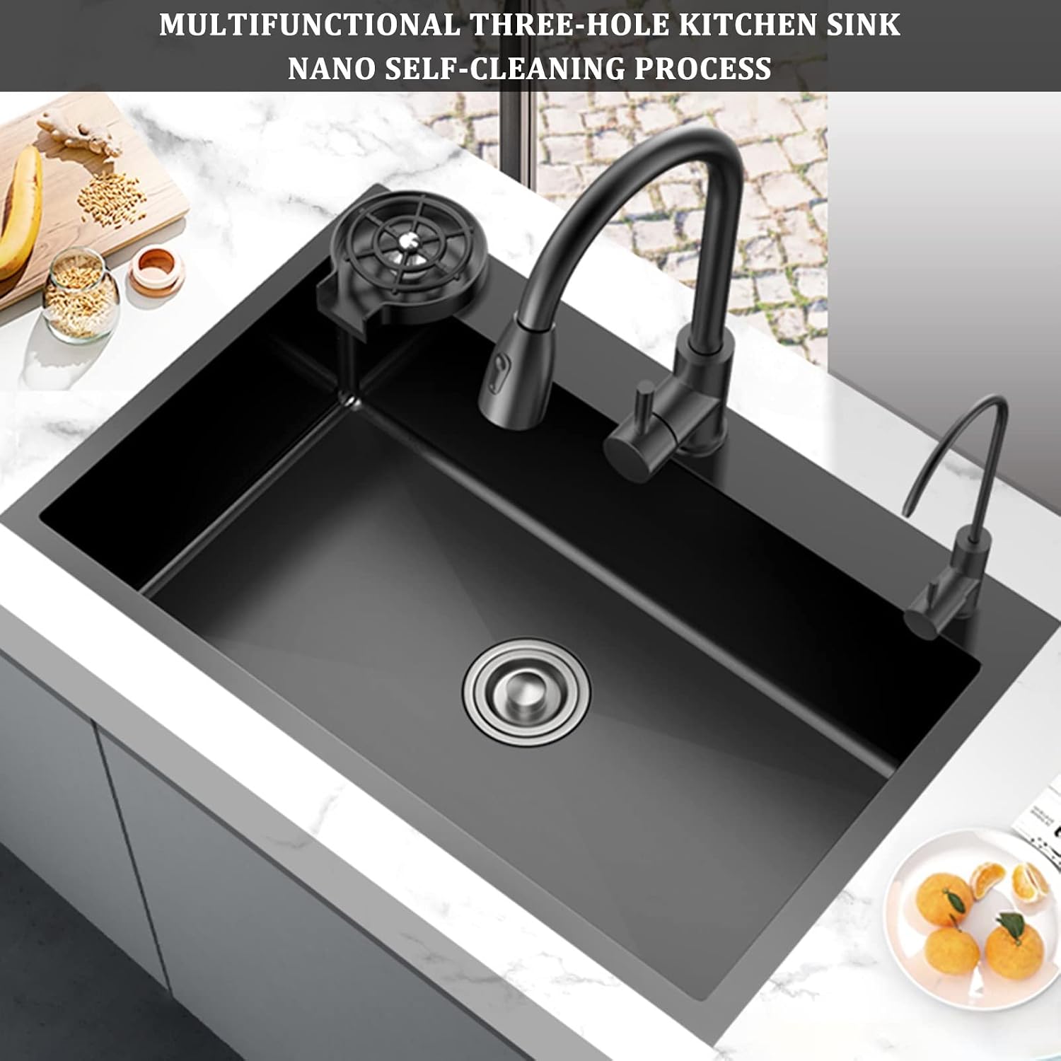 Black Nano Single Bowl Kitchen Sink 304 Stainless Steel Bar Sink Multifunctional RV Sink with Pull-Out Faucet and Cup Washer Top Mount Or Undermount (Color : Black, Size : 60x45x21cm)