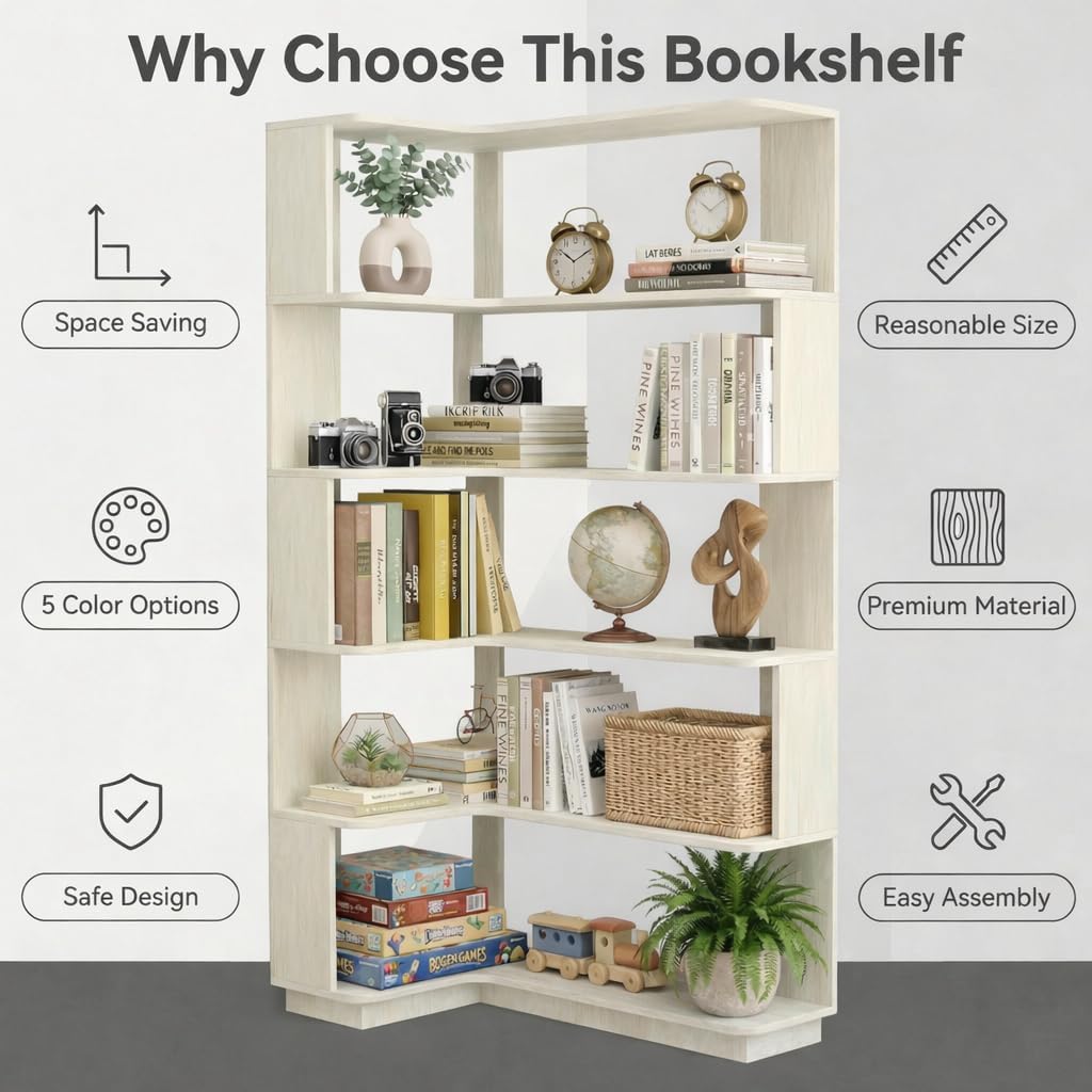 6 Tier Corner Bookshelf, Freestanding L-Shaped Wooden Bookcase with Open Shelves, Anti-Fall Panels and Anti-Tipping Device for Living Room, Home Office (White with Right Extension)