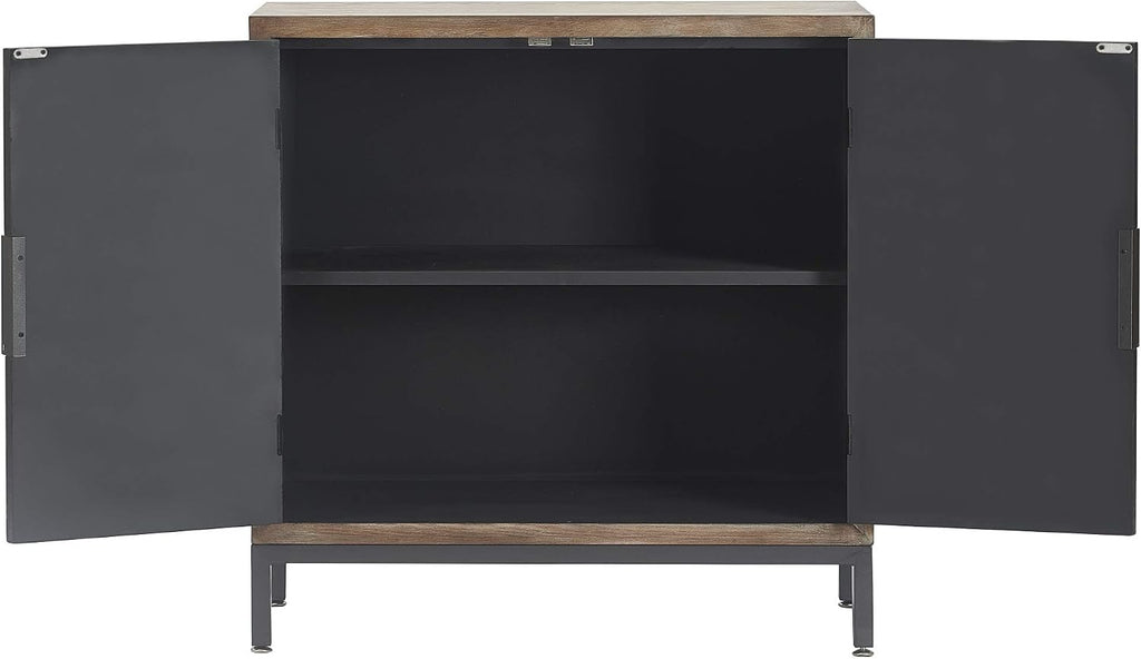 Tommy Hilfiger Hayworth Accent Storage Cabinet with Mirrored Doors, Contemporary Weathered Wood Console Table, Wood Overlay, Gray