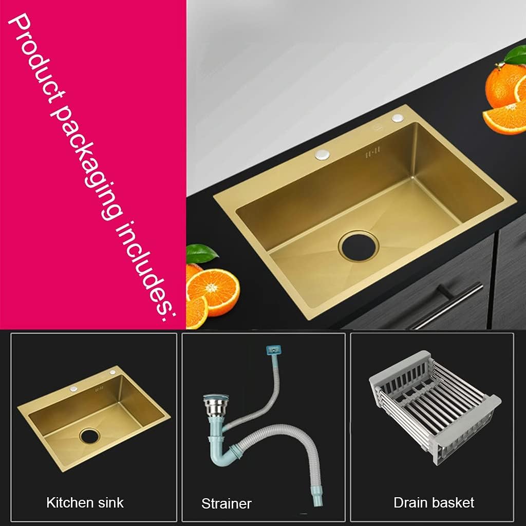 Kitchen Sink Single Bowl Bar Preparation 304 Stainless Steel with Drain Pipe and Drain Basket Drop-in Or Undermount (Color : Gold, Size : 45×40×21cm) (Gold 45×40×21cm)
