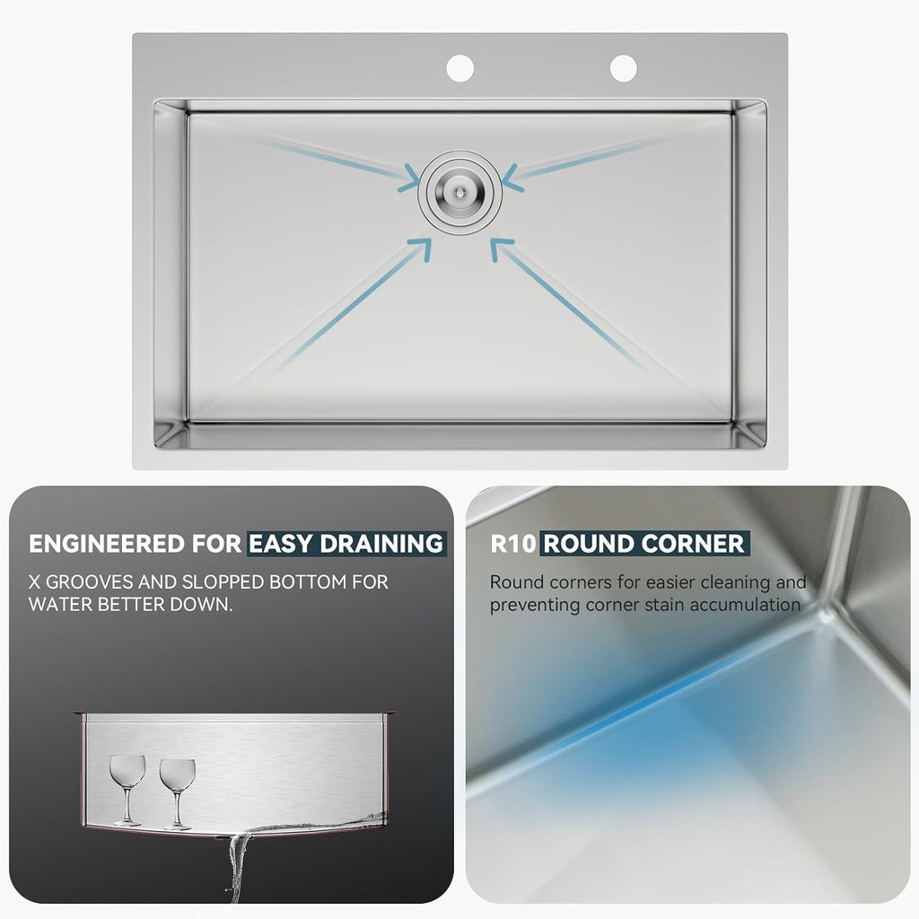 Lordear 33 Inch Drop In Kitchen Sink 33x22 Stainless Steel Topmount Sinks 16 Gauge T304 Single Bowl Kitchen Sink With 3mm Thickened Plate Round Corners