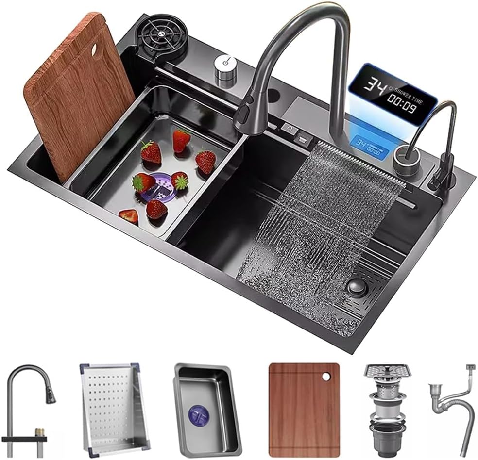 Generic Versatile Stainless Steel Single-Bowl Kitchen Workstation Sink Single-Bowl Kitchen Workstation Sink with Display Screen Waterfall Pull-Down Faucet and Cplete Accessory Set (Color : Black, Si