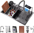 Generic Versatile Stainless Steel Single-Bowl Kitchen Workstation Sink Single-Bowl Kitchen Workstation Sink with Display Screen Waterfall Pull-Down Faucet and Cplete Accessory Set (Color : Black, Si