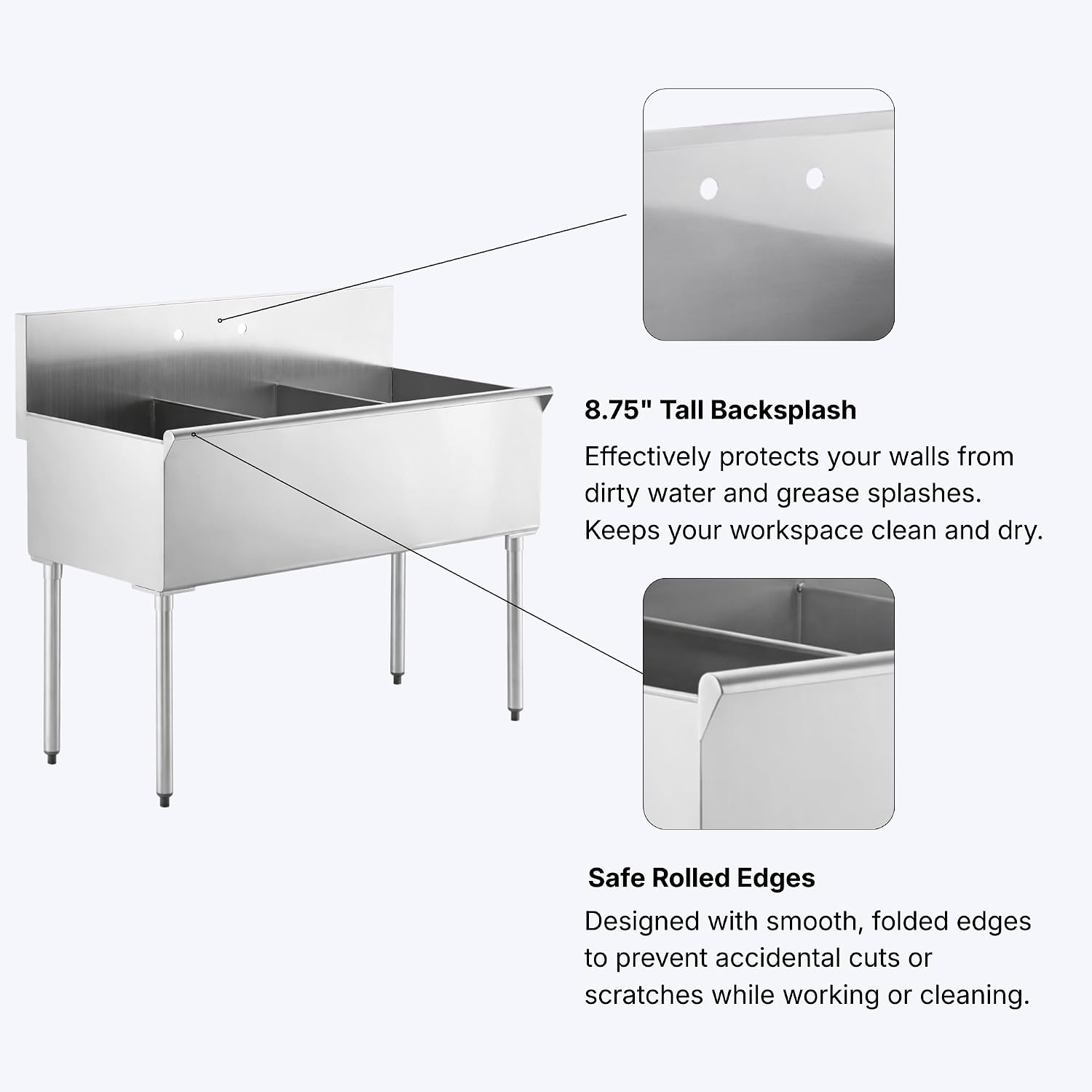 Commercial Stainless Steel Utility Sink with Backsplash, Triple 16' x 21' x 14' Deep Bowls, 16-Gauge Construction - for Janitorial Area, Commercial Kitchen, Garage, Laundry Room