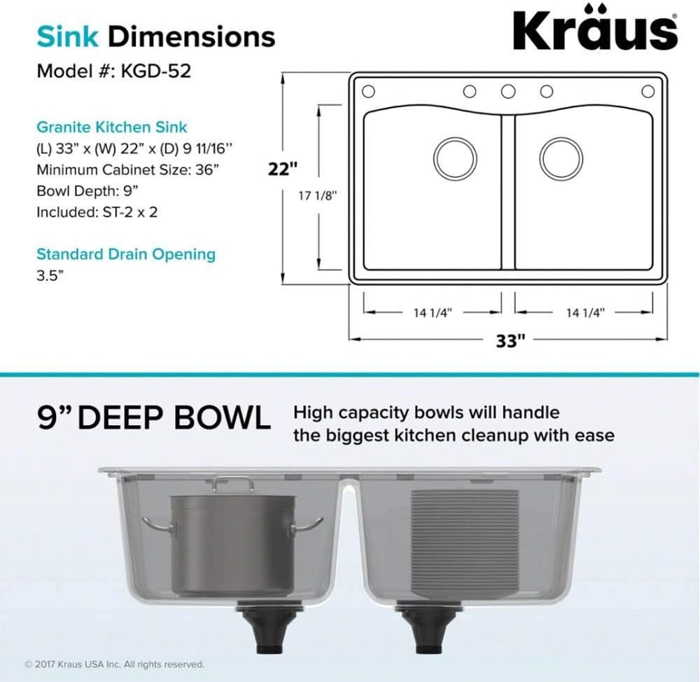 KRAUS Forteza™ 33' Dual Mount 50/50 Double Bowl Granite Kitchen Sink in Grey, KGD-52GREY