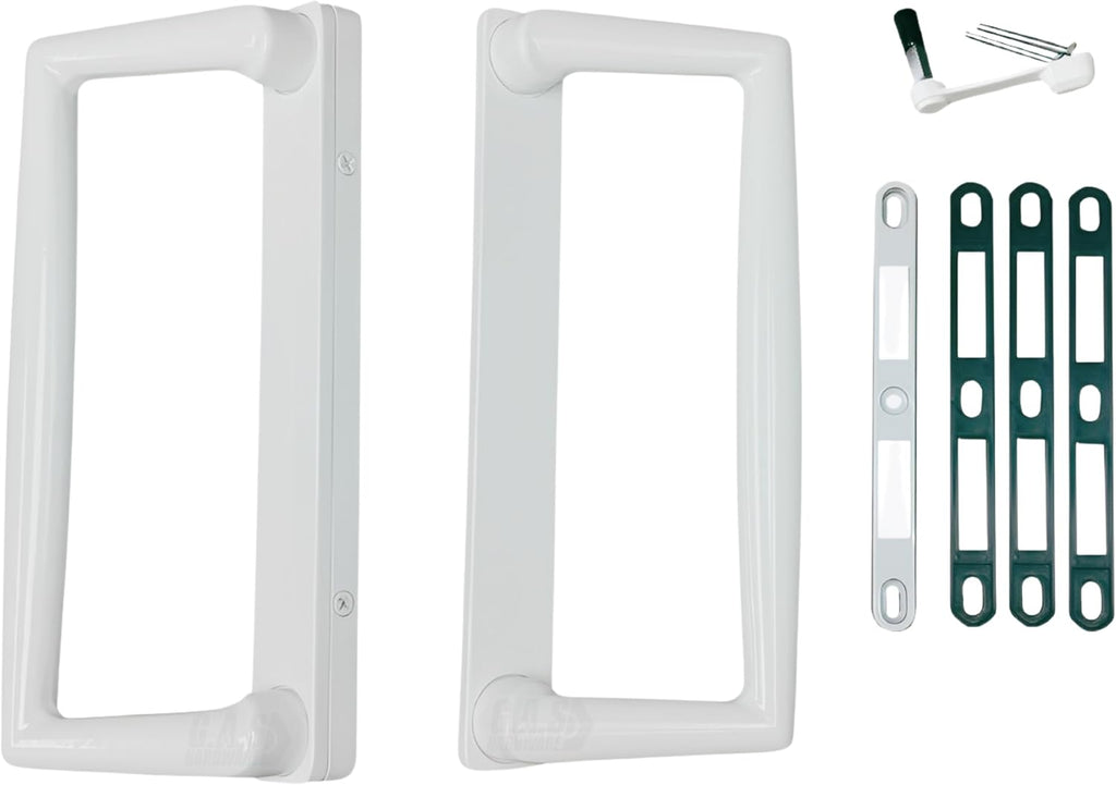 9' White PGT Sliding Glass Patio Door Surface Mount Handle Set Replacement with Thumb Latch Lever, Screws, and Keepers - 4-7/8' Hole Spacing - Fix and Repair Door Hardware