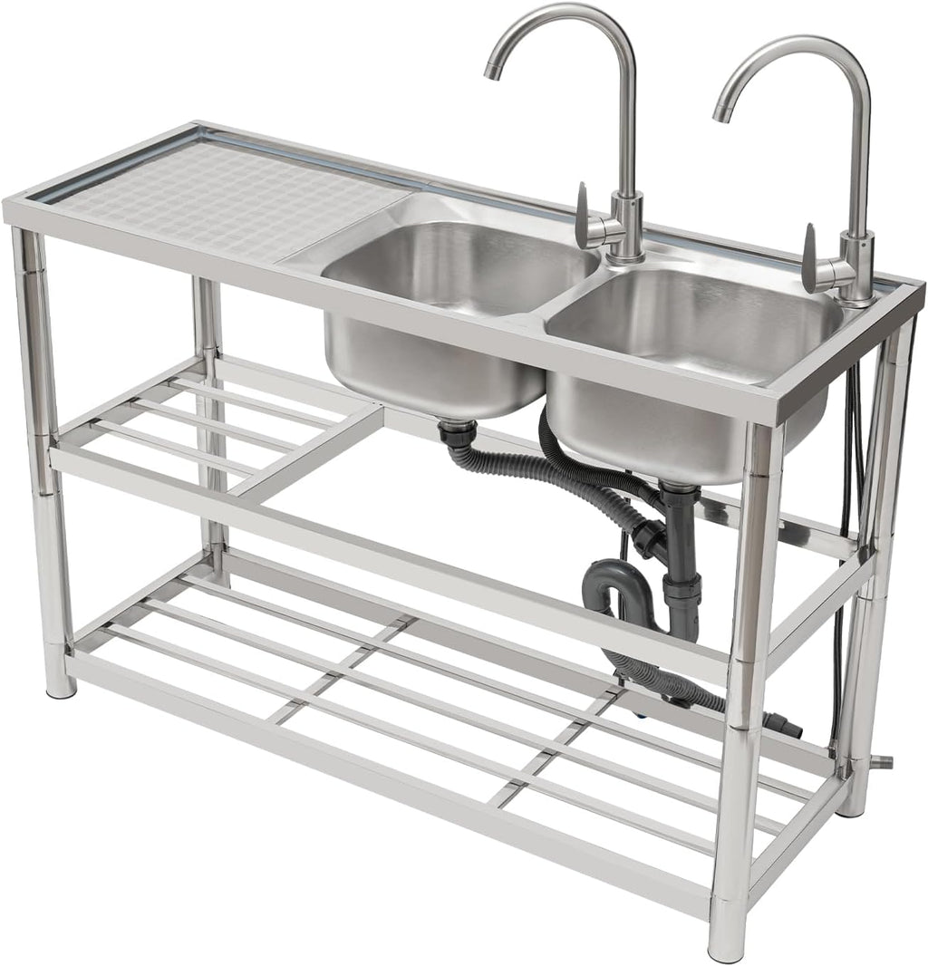 Free Standing Commercial Kitchen Sink Stainless Steel, Double Bowl Utility Sink with 2 360° Rotatable Faucet and Water Pipes Restaurant Outdoor Utility Sink Right Dual-Bowl (47x17.7x31.5in-B)