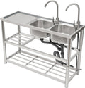 Free Standing Commercial Kitchen Sink Stainless Steel, Double Bowl Utility Sink with 2 360° Rotatable Faucet and Water Pipes Restaurant Outdoor Utility Sink Right Dual-Bowl (47x17.7x31.5in-B)