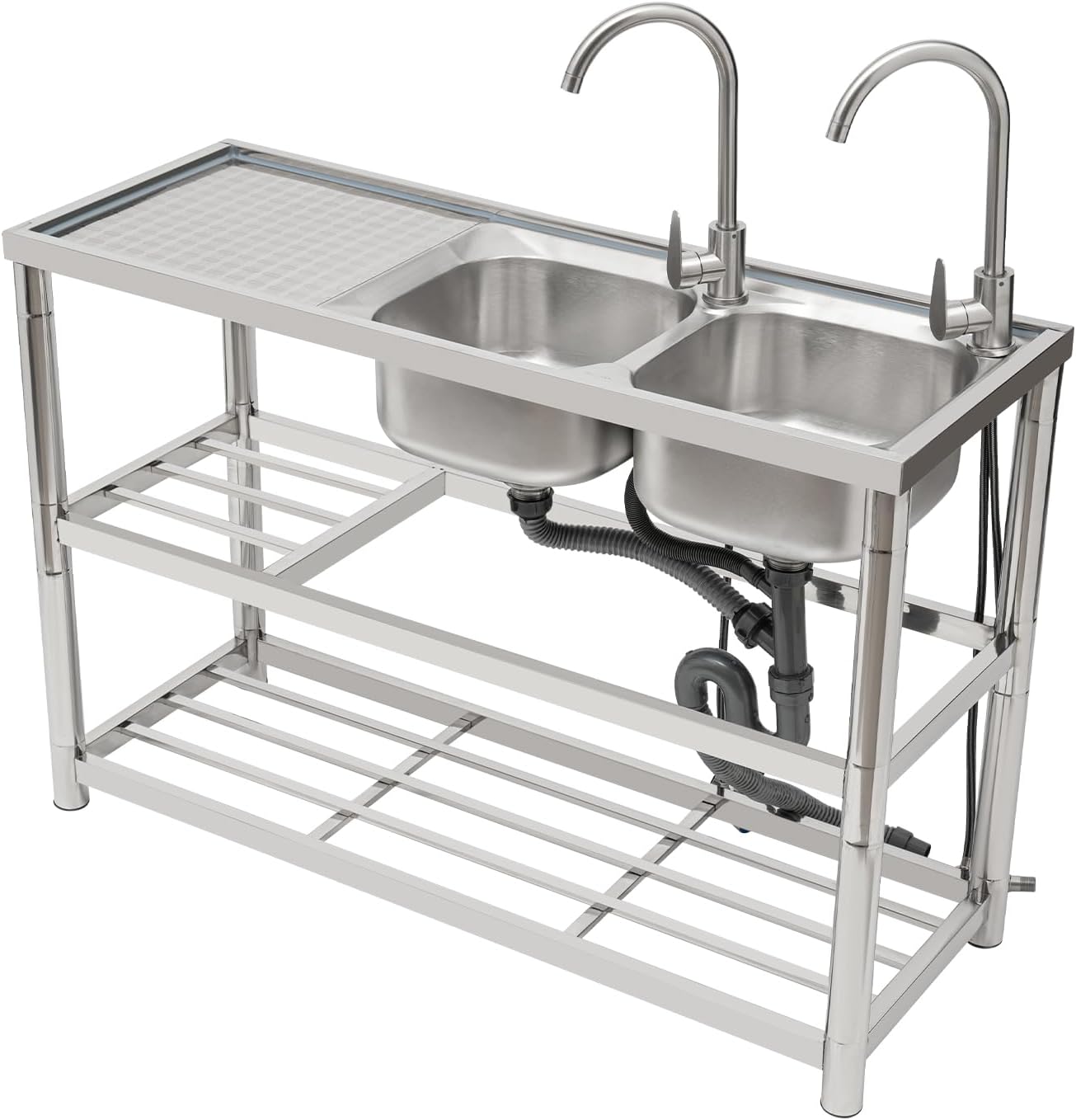 Free Standing Commercial Kitchen Sink Stainless Steel, Double Bowl Utility Sink with 2 360° Rotatable Faucet and Water Pipes Restaurant Outdoor Utility Sink Right Dual-Bowl (47x17.7x31.5in-B)