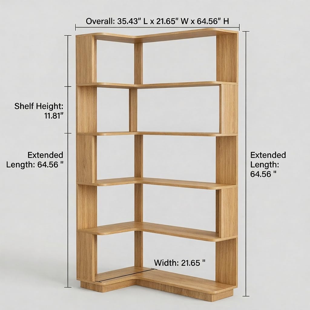 5 Tier Corner Bookshelf, Freestanding L-Shaped Wooden Bookcase with Open Shelves, Anti-Fall Panels and Anti-Tipping Device for Living Room, Home Office (Dark Oak with Right Extension)