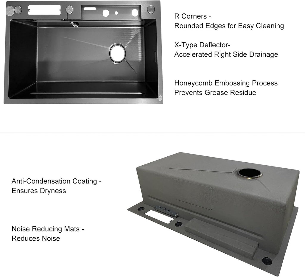 Kitchen Sink 304 Stainless Steel Undermount Sink Drop in Single Bowl Kitchen Sinks, With Pull Down Sprayhead Faucet, With Pressurized Cup Washer and Two Waterfalls (31.5 x 18.1 inch)