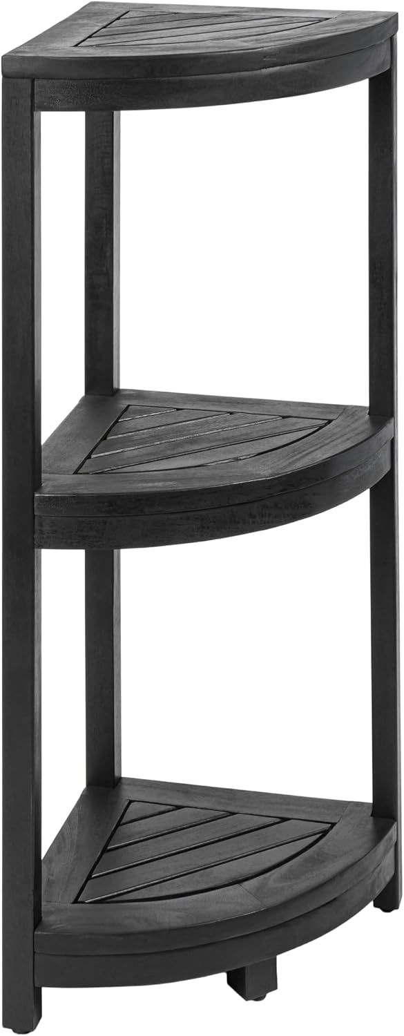 happimess SHF1000B Sela 33' Classic Minimalist 3-Tier Acacia Wood Freestanding Bathroom Corner Shelf, Shower Organizer, Storage Rack for Bath, Office, Kitchen Desktop, Black