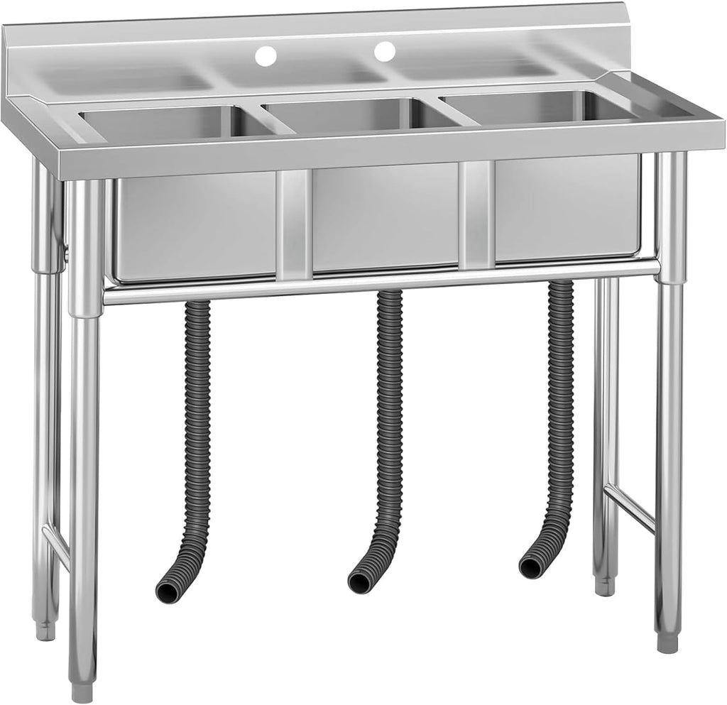 Commercial Stainless Steel 3-Compartment Utility basin - Freestanding Prep basin with Adjustable Legs & Storage Shelf, Triple Bowl for Restaurant, Laundry or Garage