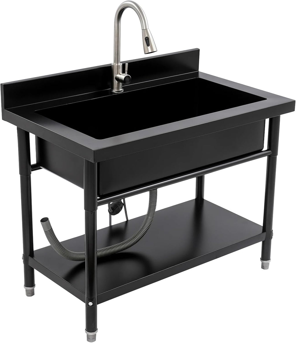 Stainless Steel Utility Sink, 33.46 * 18.11 * 9.84in Commercial Single Bowl Bar Sink Laundry Tub Culinary Sinks Freestanding Workstation Sinks with Pull-out Faucet for Restaurants Canteens kitchens