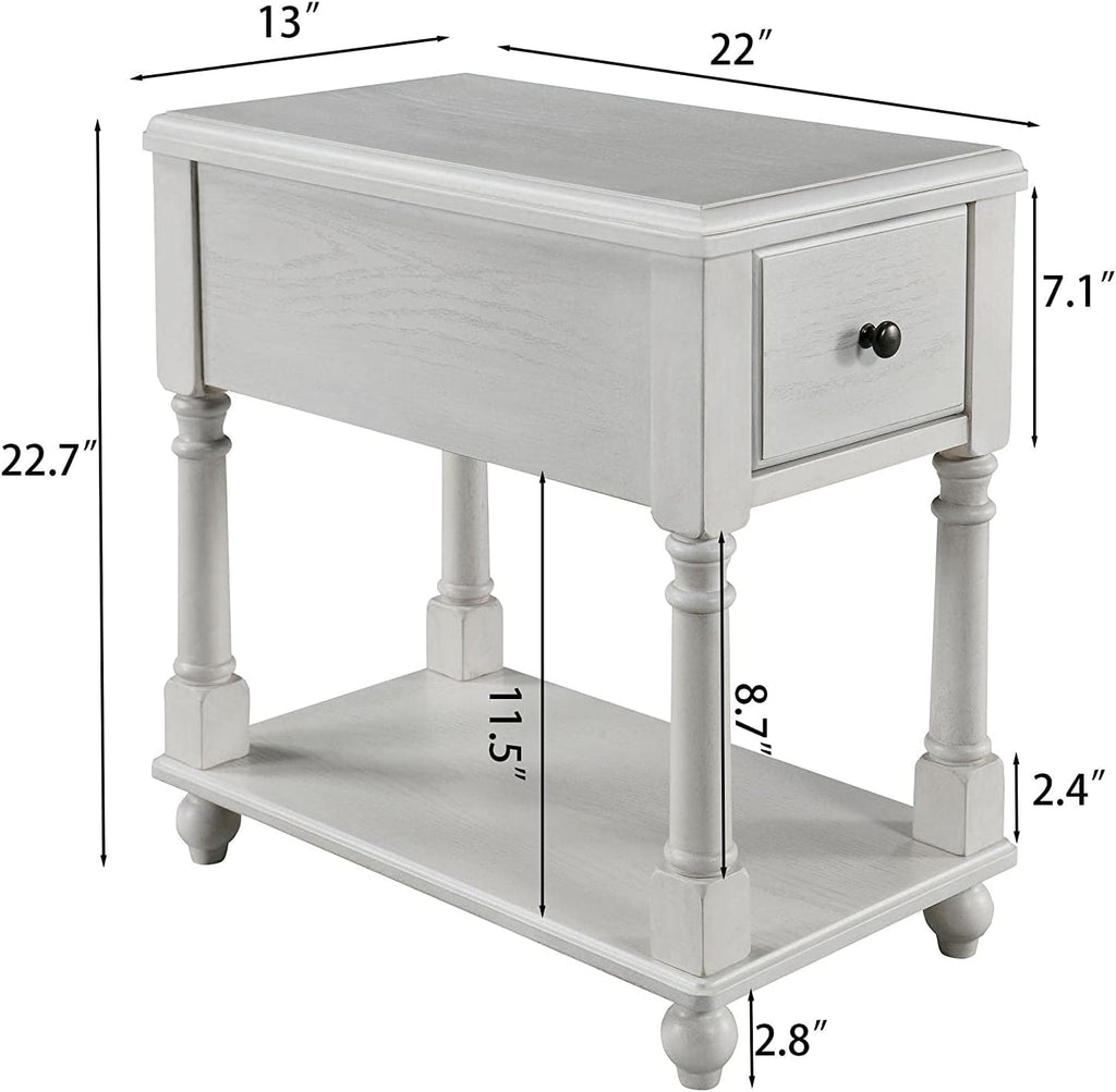 Narrow Open End Table with Drawer, Solid Wood Side Table 2-Tier Skinny Table with Storage Shelves Slim Nightstand Small Sofa End Table for Living Room Bedroom-Antique White 004RW