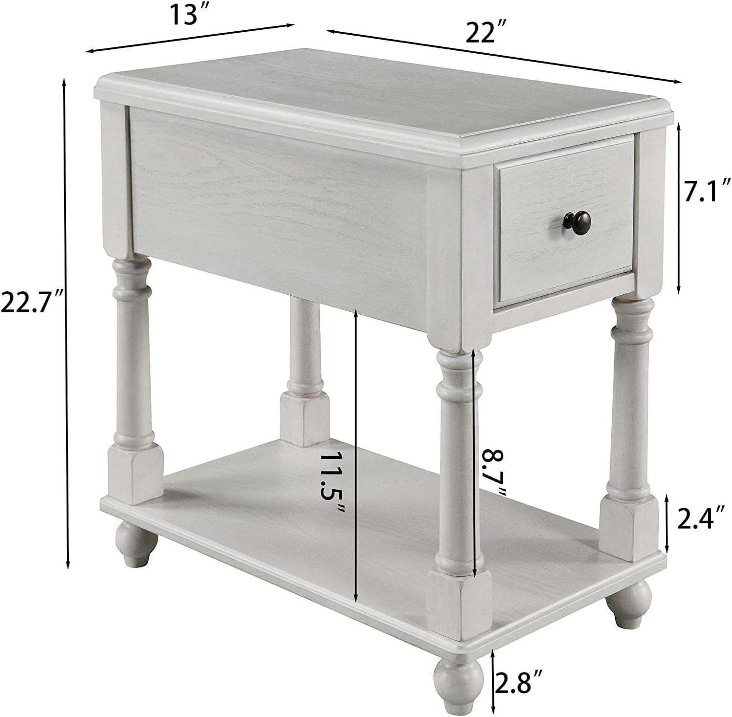 Narrow Open End Table with Drawer, Solid Wood Side Table 2-Tier Skinny Table with Storage Shelves Slim Nightstand Small Sofa End Table for Living Room Bedroom-Antique White 004RW