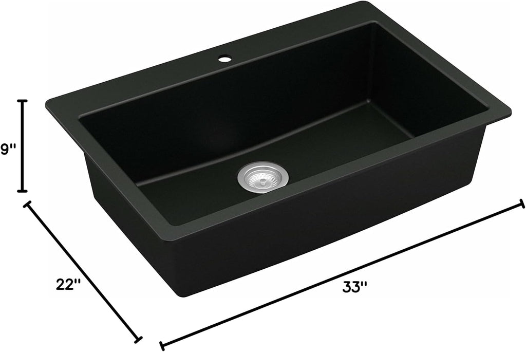 Karran 33' Drop-In Top Mount Quartz Composite Single Bowl Kitchen Sink in Black – Extra Deep 9' Basin, Heat Resistant, Sound Dampening, Easy Clean Surface