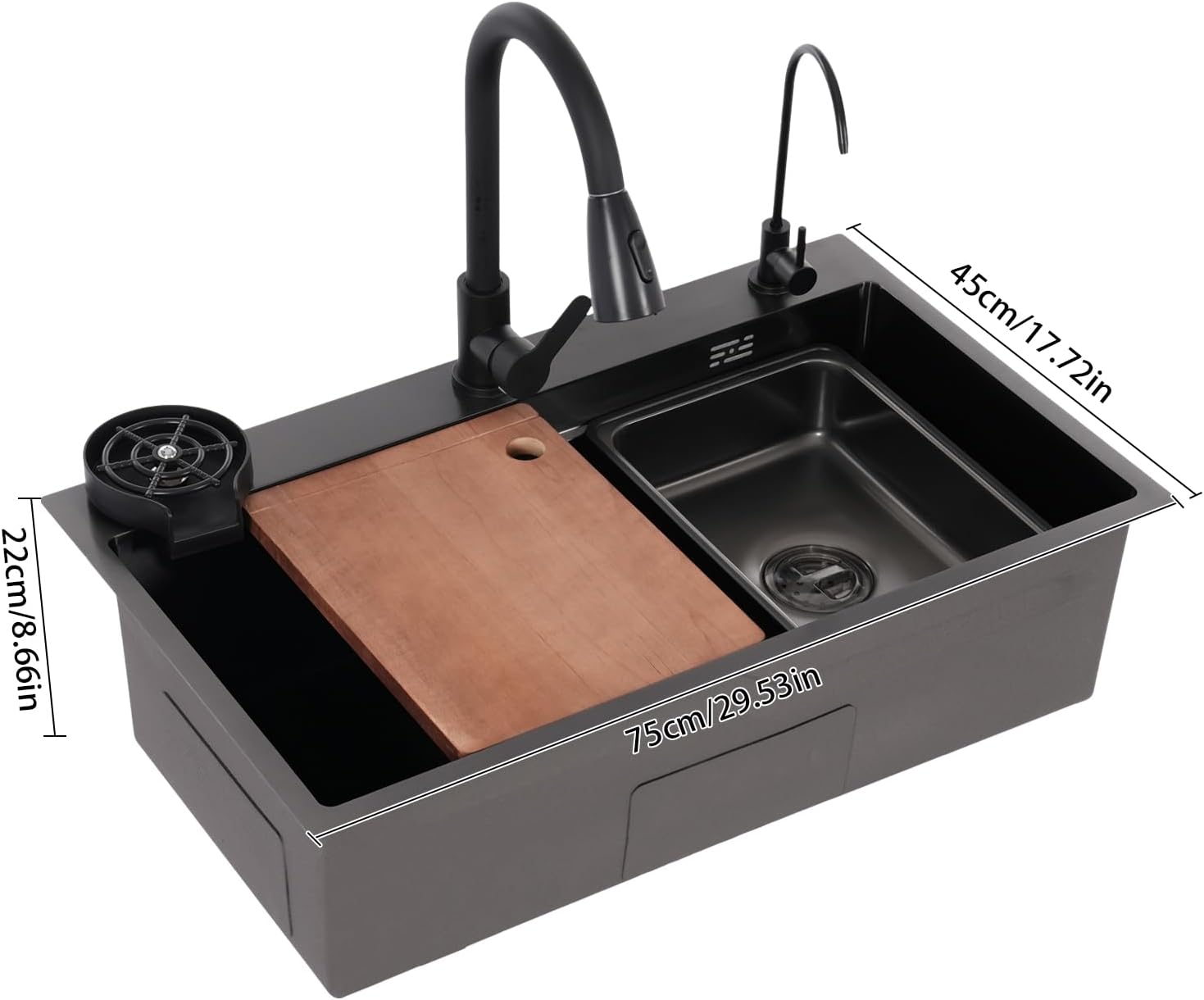DYRABREST 29.5 Inch Stainless Steel Kitchen Sink Multi-Function Commercial Sink Set with Cutting Board & Basin-in-Basin, Drop-In/Undermount Install, Cup Rinser and Drainer for Restaurant Home (Black)