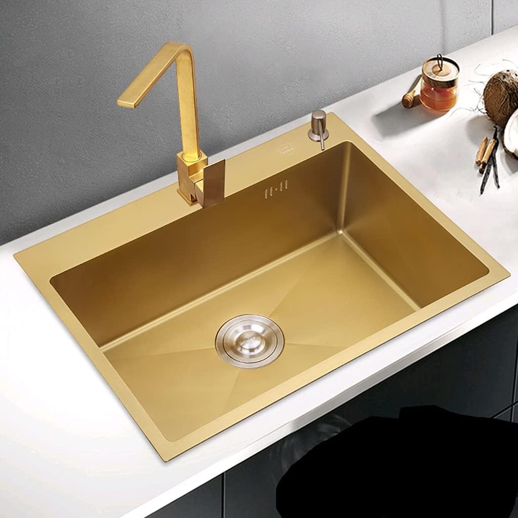 Kitchen Sink Brushed Gold Single Bowl Stainless Steel Drop-in Or Undermount Kitchen Hardware with Square Faucet and Installation Kit (Color : Gold, Size : 45×40×21cm) (Gold 45×40×21cm)