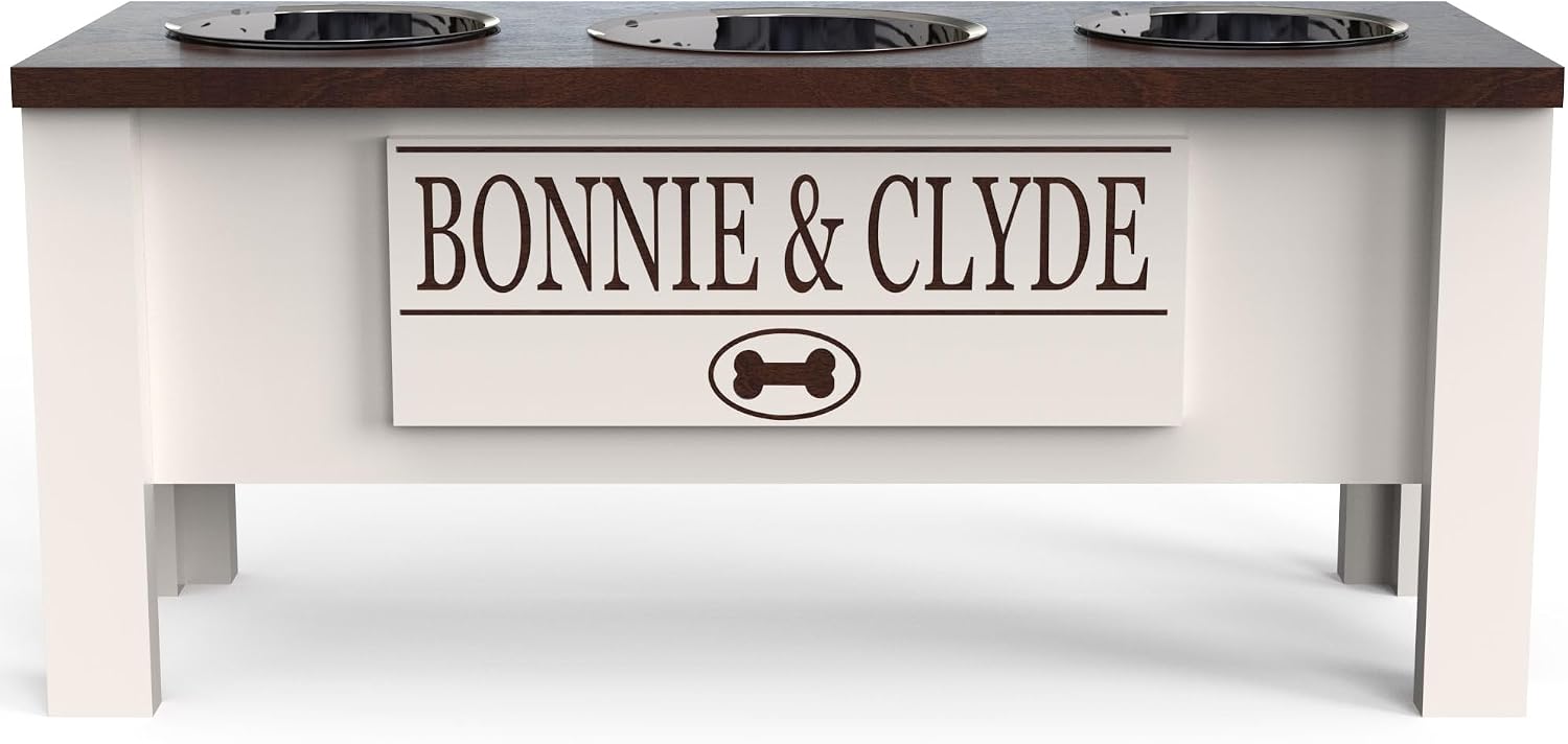 GTW Elevated 3 Bowl Dog Feeding Station - Customized Triple Stand for Large Dogs - Includes Storage & Stainless Steel Bowls (Large, Brown)