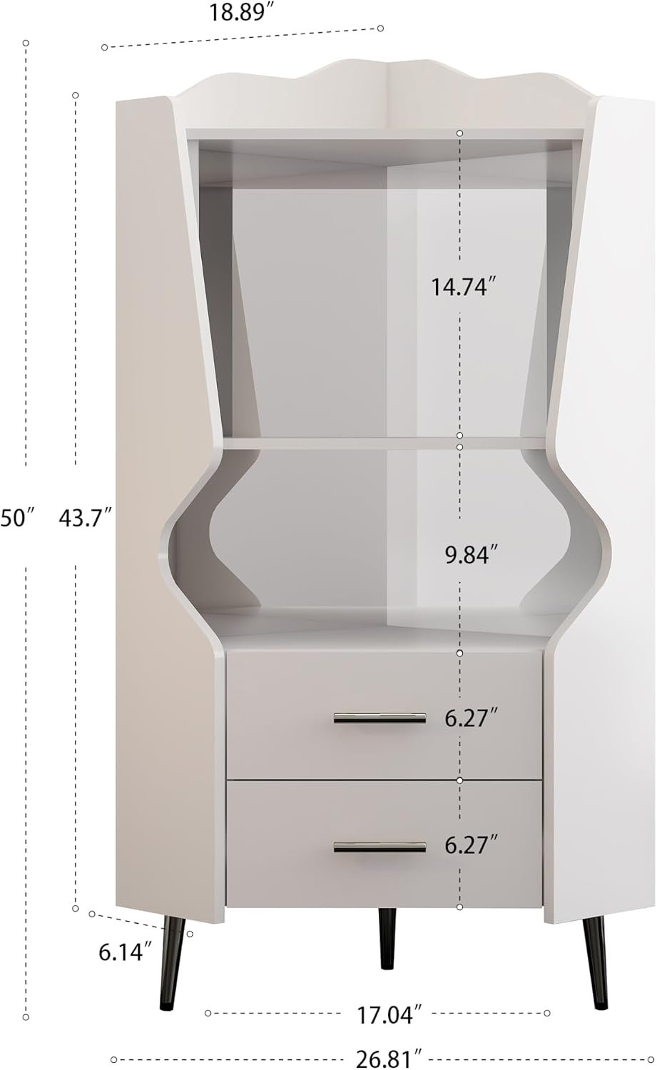 GDFStudio Wooden Corner Shelf Cabinet, Mirrored Back Coffee Bar Cabinets with Drawers & Open Storage, High Feet Corner Wine Rack Liquor Stand Kitchen Storage Cabinet for Living Room Dining Room, White