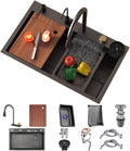 Stainless Steel Waterfall Sink with 3-in-1 Faucet Multifunctional Single Bowl Kitchen Sink with Drain Basket, Drain Basin, Cutting Board, Cup Washer, Draina(Black Grey-68x45x22cm