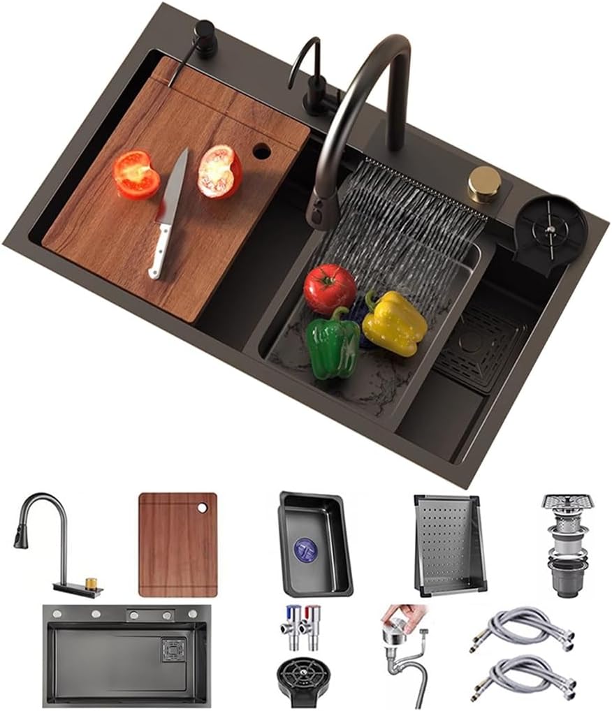 Stainless Steel Waterfall Sink with 3-in-1 Faucet Multifunctional Single Bowl Kitchen Sink with Drain Basket, Drain Basin, Cutting Board, Cup Washer, Draina(Black Grey-68x45x22cm