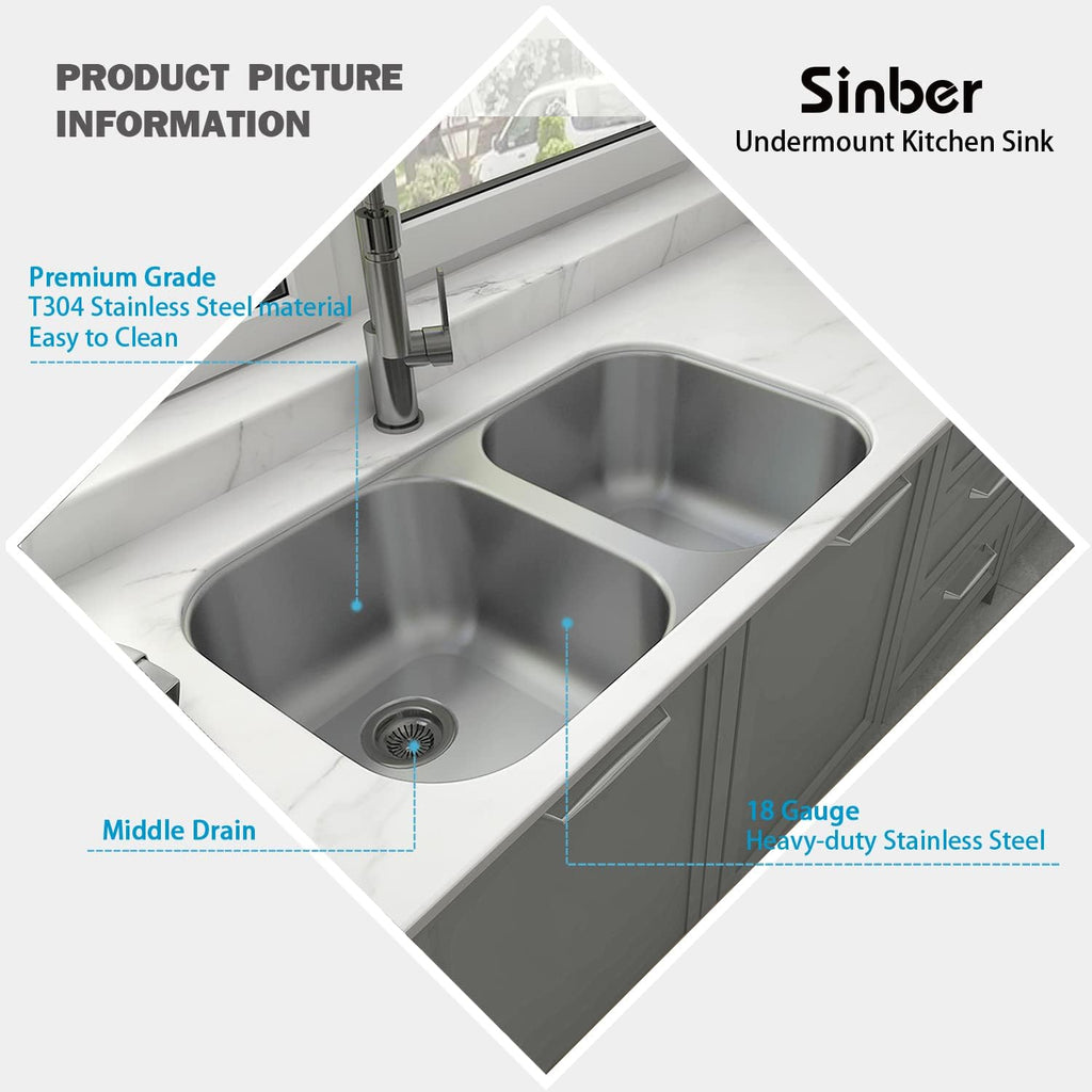 Sinber MU3218D 32' x 18' x 9' Undermount Double Bowl Kitchen Sink with 18 Gauge 304 Stainless Steel Satin Finish (Sink Only)