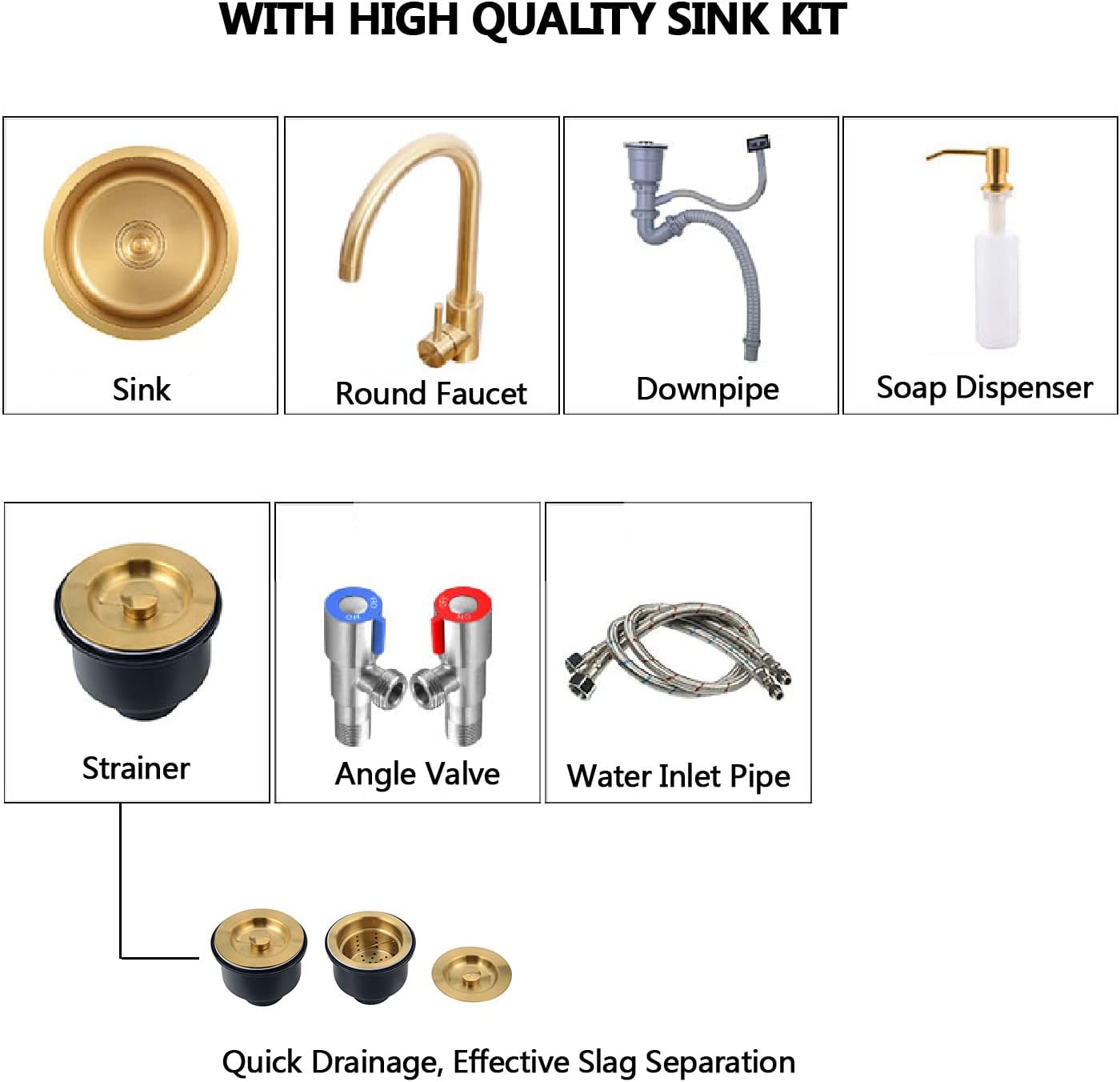 Bar Sink Drop in with Faucet, Small Stainless Steel Sink Faucet Combo Kitchen, Single Bowl Undermount Kitchen Sink,Round Gold Kitchen Sink Kit for Home, Bar, Cafe and Balcony