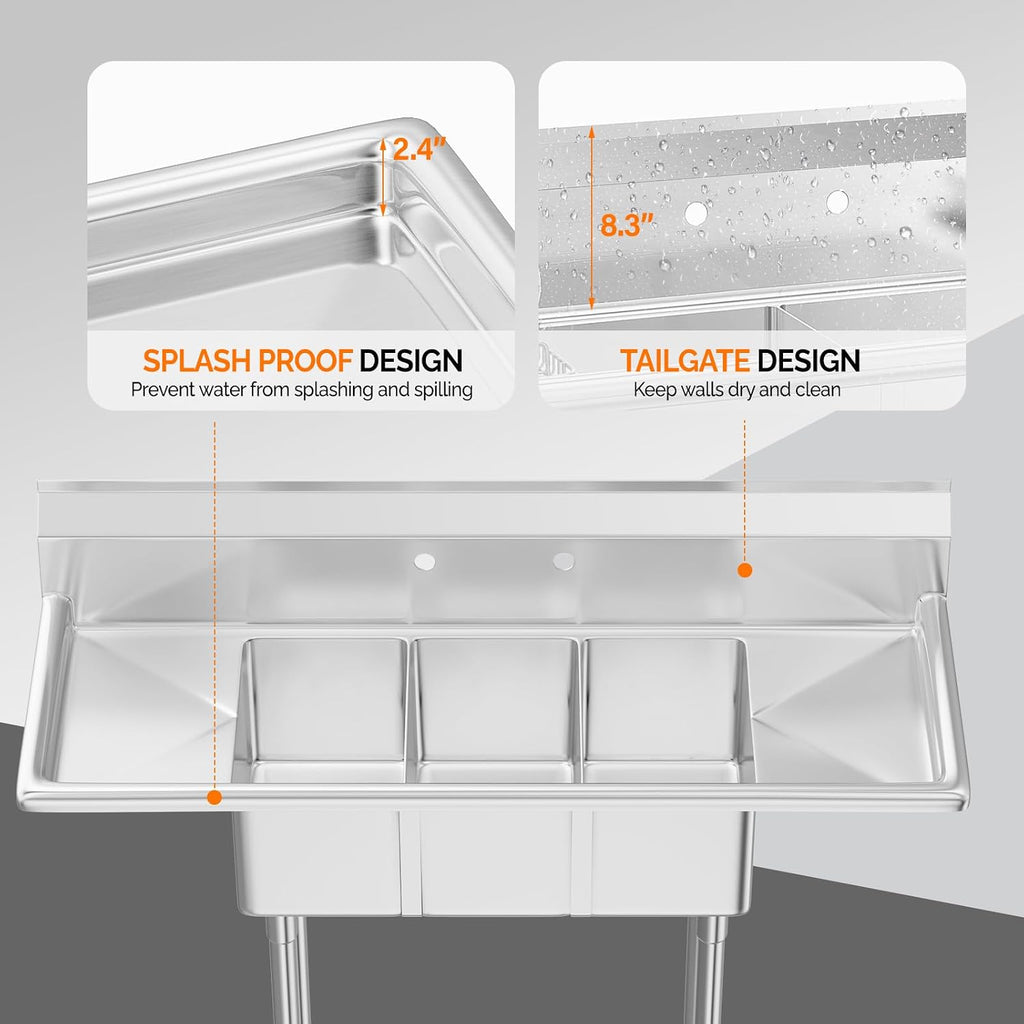 ROVSUN Commercial Sink, Stainless Steel Sink with 3 Compartment and 2 Sides Drain Rack, 20' x 54' x 43.5' Freestanding Utility Sink, Great for Restaurant Kitchen Laundry Room Garage Sunroom