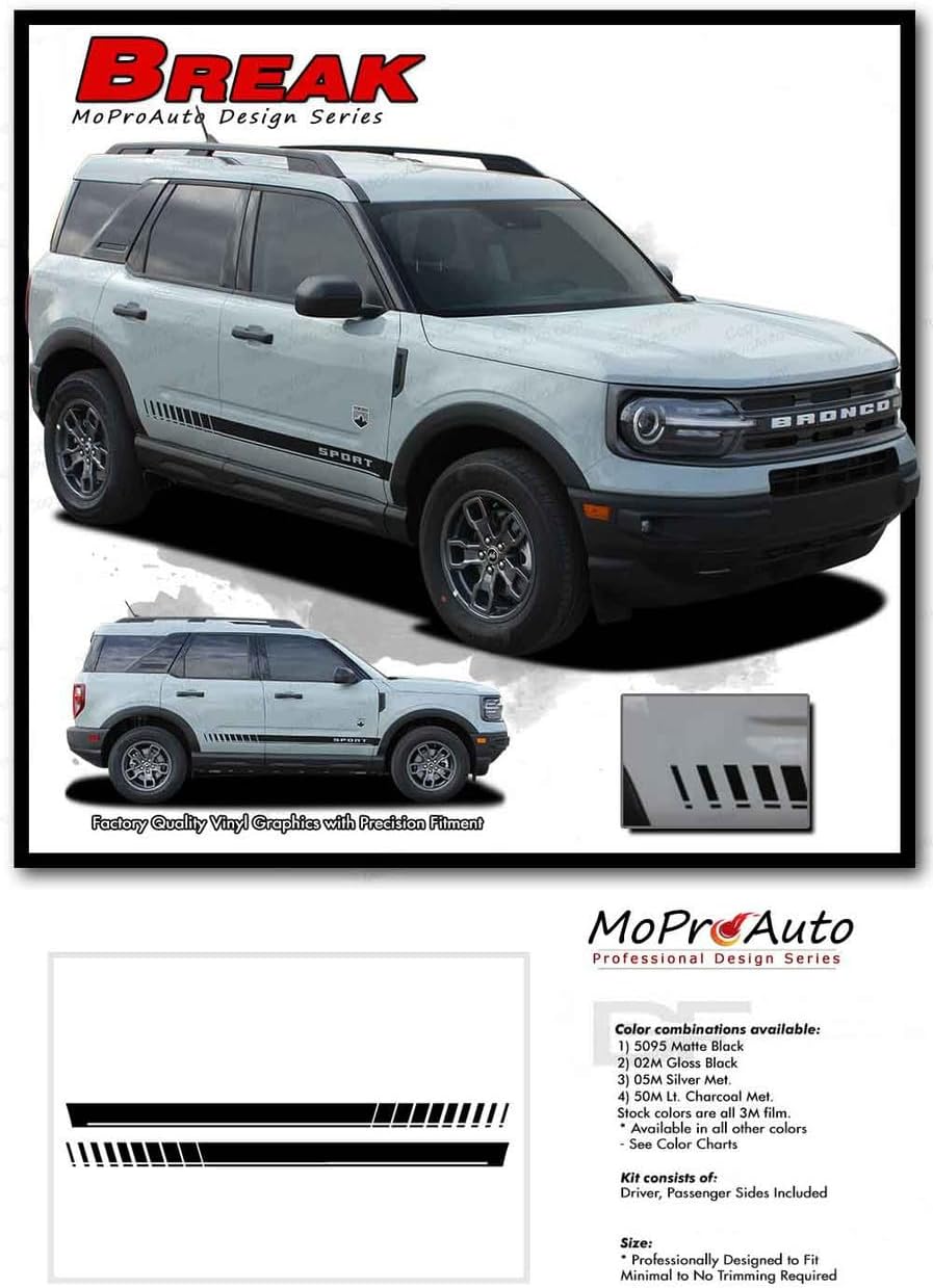 Original Break : Compatible with 2021-2026 Ford Bronco Sport Side Door Rocker Stripes Vinyl Graphics Decals Kit (Fits Model as Shown) (02 Gloss Black – Wet Install)