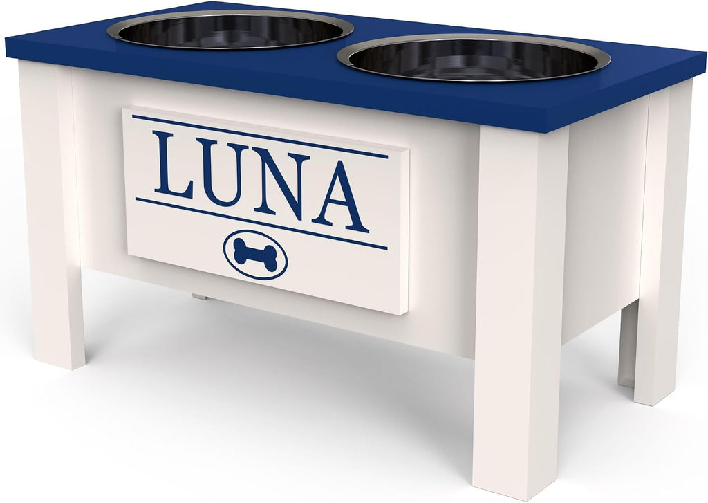 GTW Elevated Dog Bowl Stand for Large Dogs - Customized Feeding Station with Storage & Stainless Steel Bowls (Large, Blue)