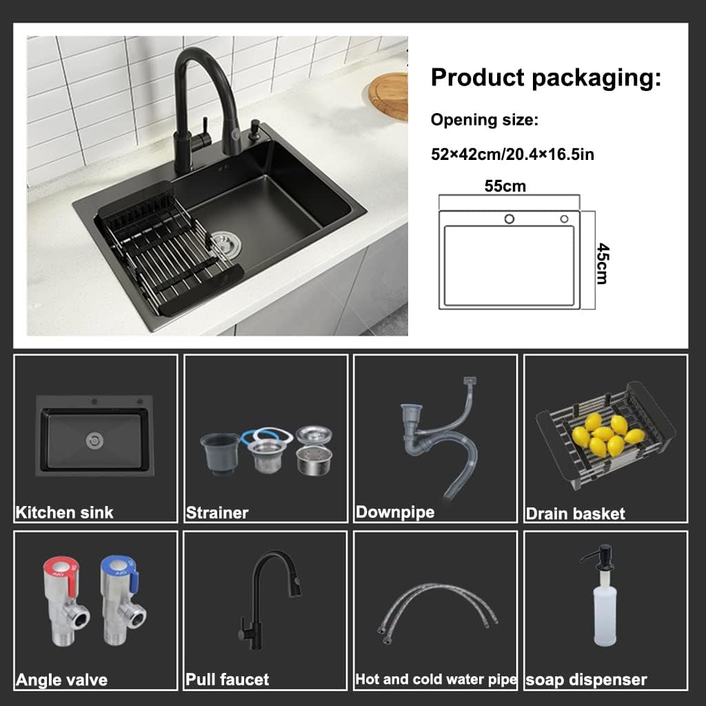 Kitchen Sink Modern Nano Black Single Bowl Bar Prep 304 Stainless Steel RV Sink with Pull Out Faucet & Drain Top Mount Or Undermount (Color : Black, Size : 55x45x22cm) (Black 55x45x22cm)