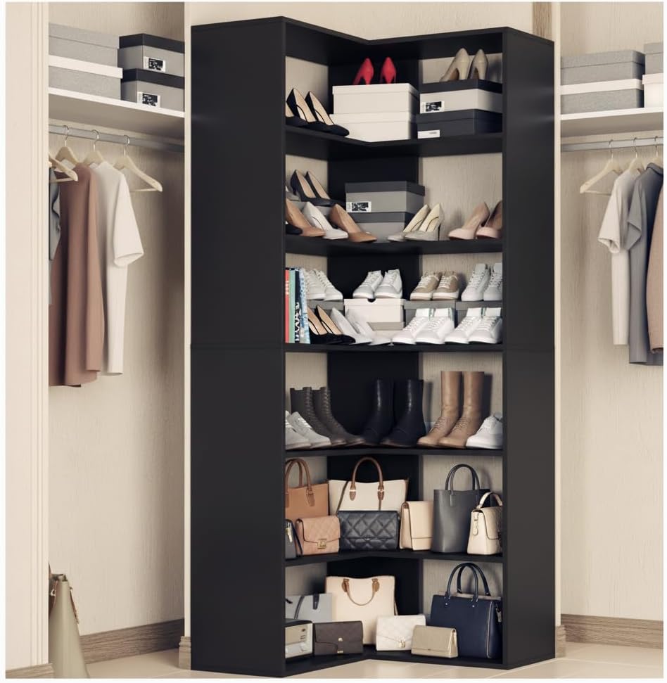 Anystyle 71 Inch Large Corner Shoe Rack for 40+ Pairs, 6-Tier L-Shaped Shoe Storage Cabinet Organizer, Freestanding Wooden Shoe Shelf for Closet, Entryway, Hallway, Black