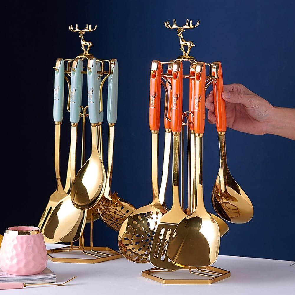 Kitchen Cooking Utensils Set, 7pcs Stainless Steel Kitchen Utensils Set with Holder, Cooking Utensils Set, Metal Kitchen Utensils with Stand