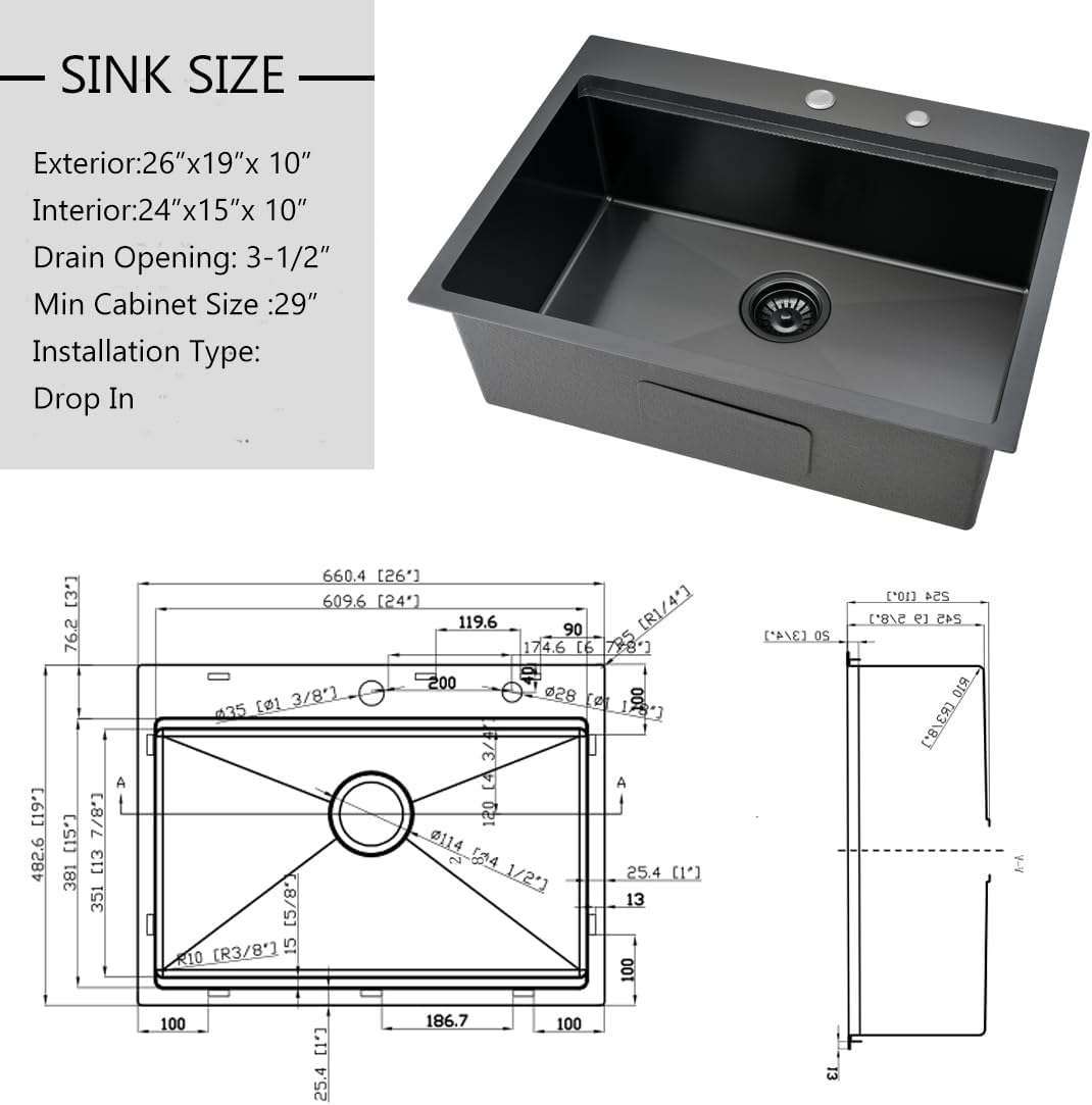26 inch Black Drop in Kitchen Sink - VOKIM 26'x 19' Inch Drop in sink Workstation 16 Gauge Single Bowl top mount Sink With Cutting Board& colander