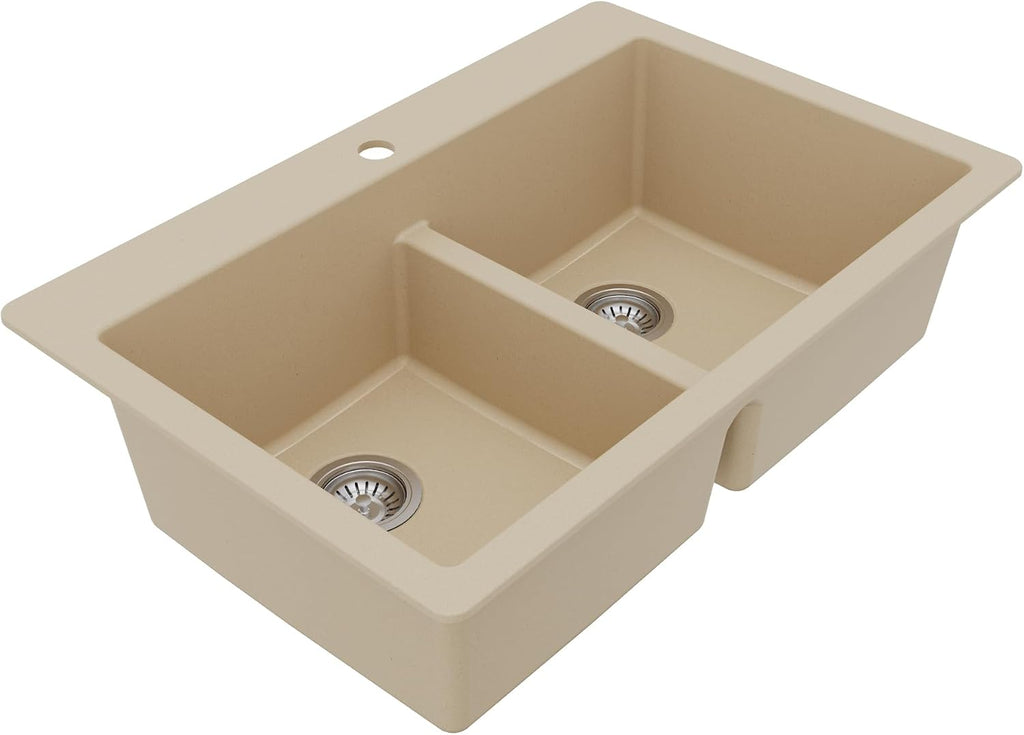 Karran QT-810 33' Top Mount Double Equal Bowl Quartz Kitchen Sink Kit in Bisque