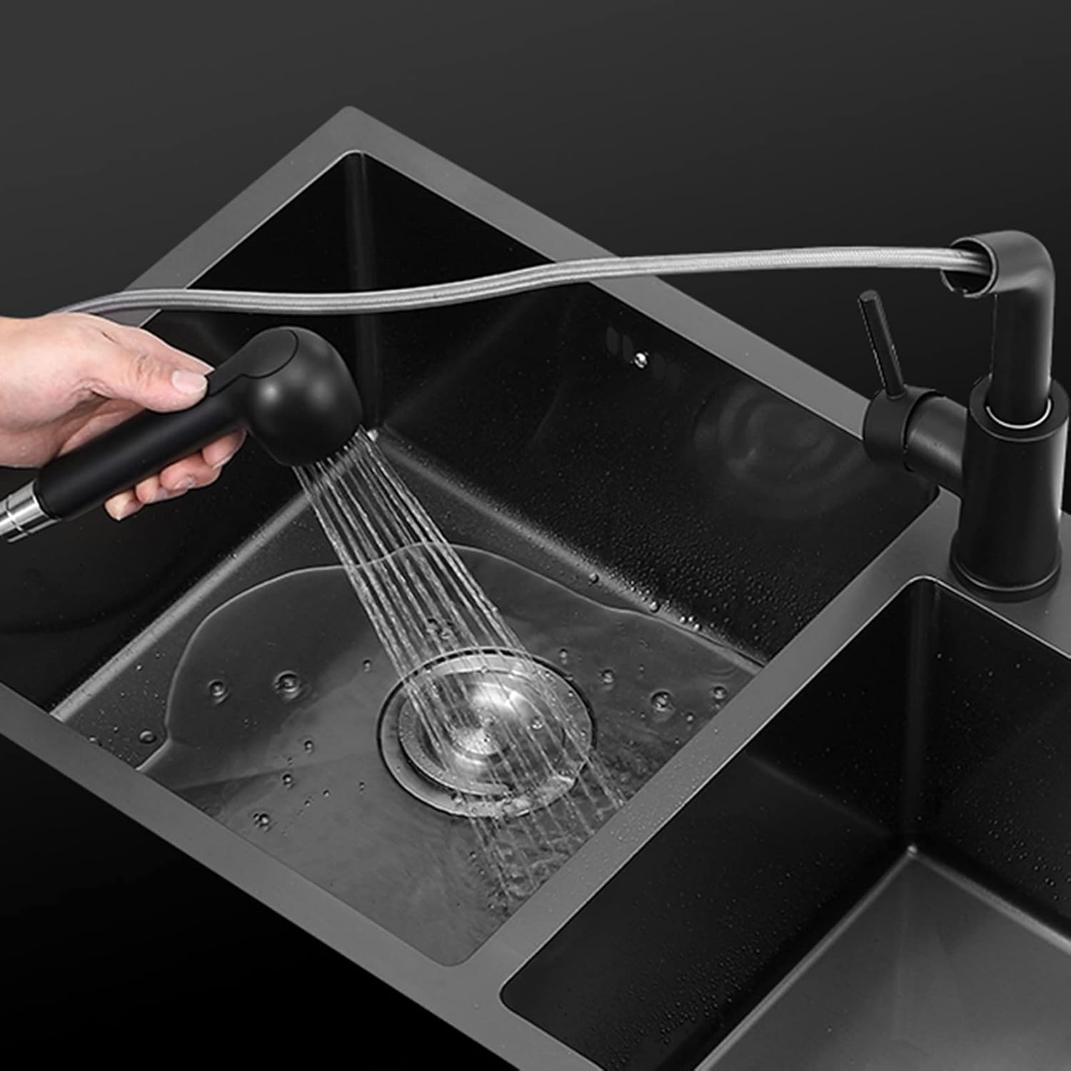Black Double Bowl Kitchen Sink 304 Stainless Steel Bar Sink Square RV Sink with Faucet & Drain Top Mount Or Undermount (Color : Black-d, Size : 88x48x22cm)