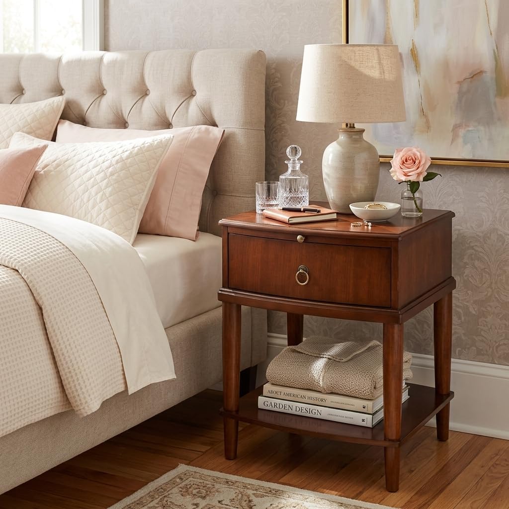Farmhouse End Side Table Set of 2 with Pull-Out Tray And Storage Drawer, Sofa Beside Tables, Nightstand, No-Tools Assembly 17.7'L x 19.7'W x 22.8'H for Living Room, Caramel Brown CJZ-A1569-MG