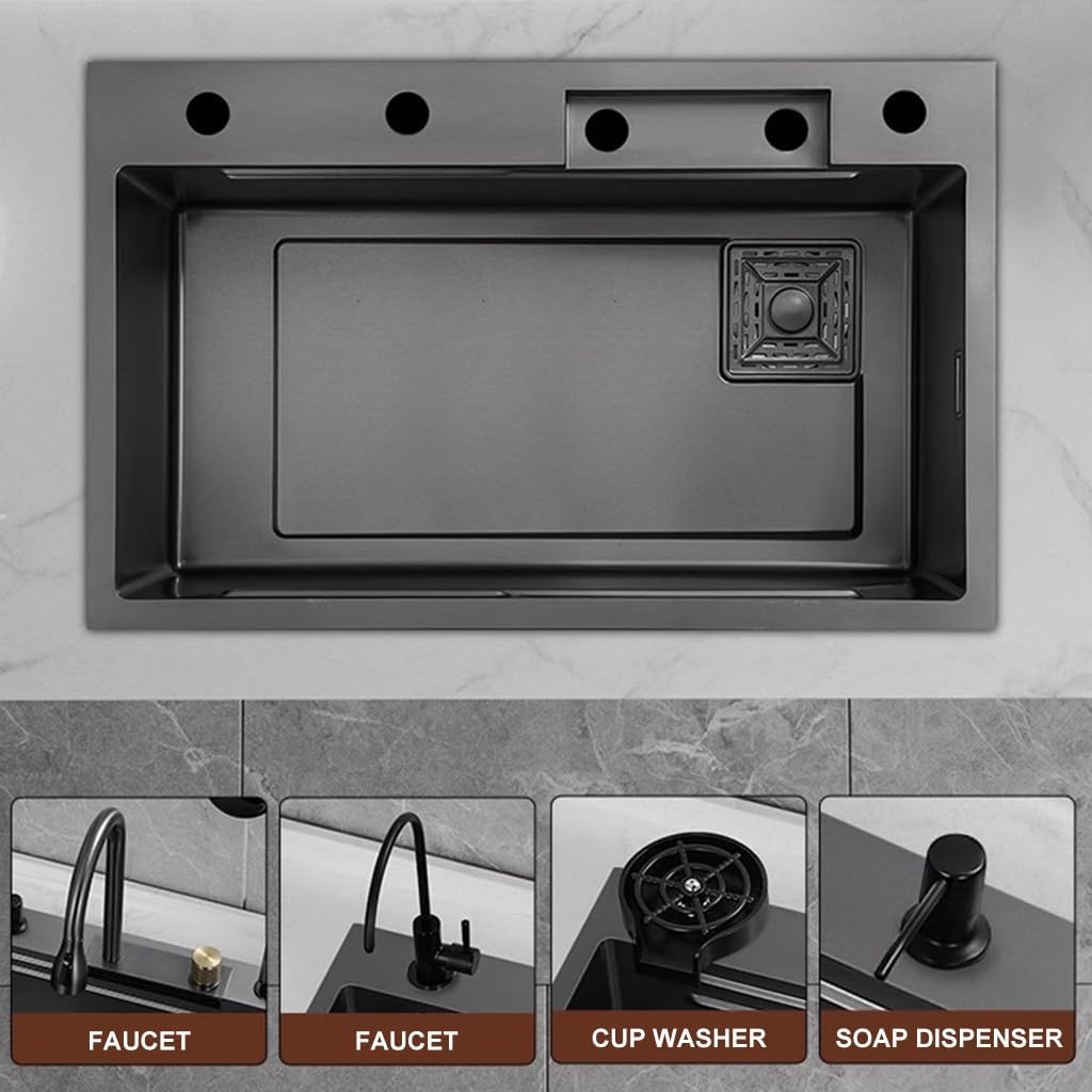 Generic Stainless Steel Waterfall Sink Multifunctional Single Bowl Kitchen Sink Coated Workstation Sink with 3-in-1 Pull-Out Faucet,Drainage Cponent,Cup Washer (Color : Black-Grey, Size : 68x