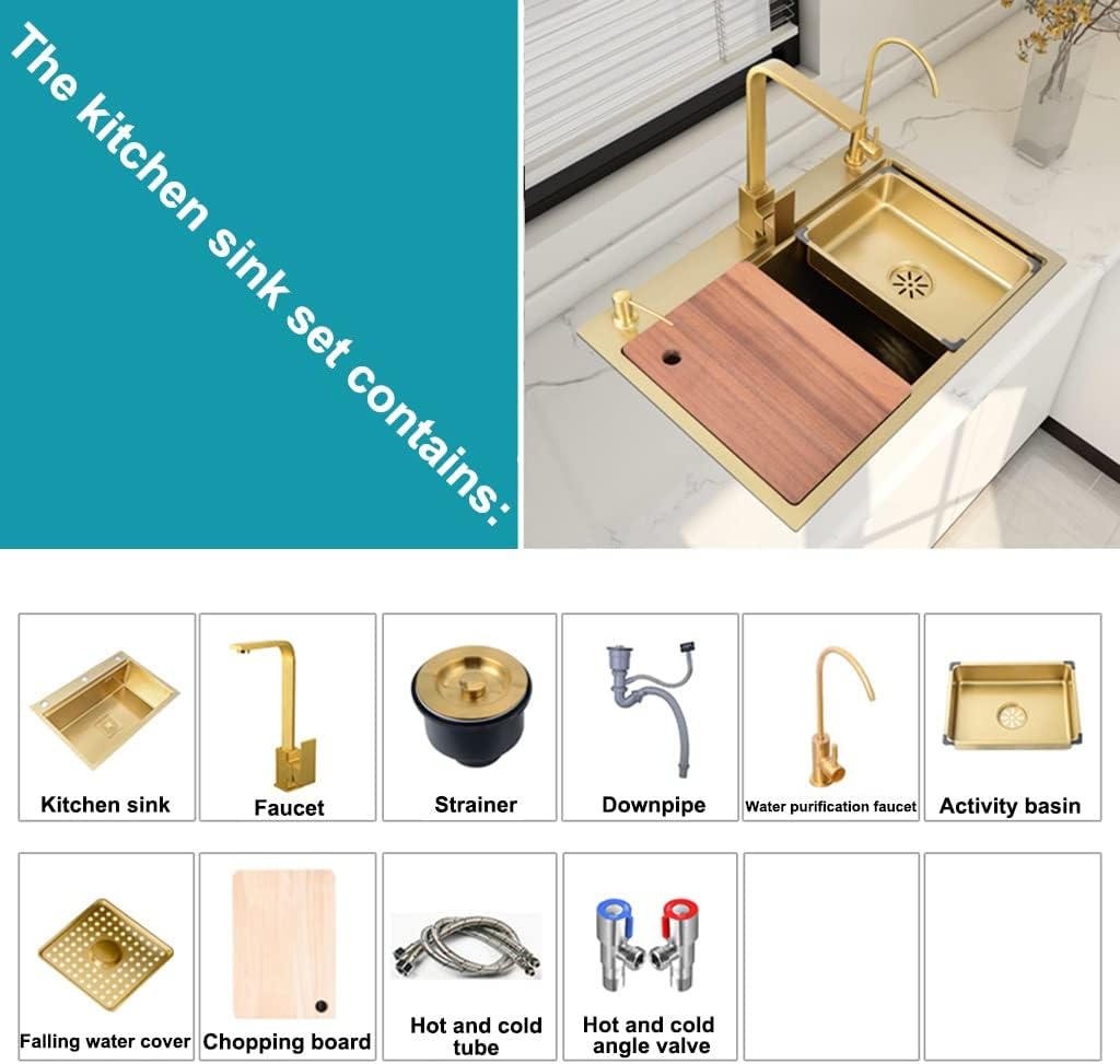 Kitchen Sink Single Bowl Bar Prep Gold Stainless Steel Drop in Or Undermount with Square Faucet and Installation Kit (Color : Gold, Size : 75x46x22cm) (Gold 60x46x22cm)