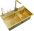 304 Stainless Steel Ro Kitchen Sink Gold Double Bowl Bar Prep Sink Multi-Purpose RV Sink with Faucet and Drain Assembly Drop in Or Under Mount (Color : Gold-a, Size : 78x46x24cm)