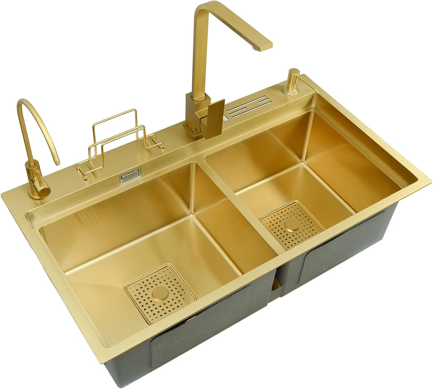 304 Stainless Steel Ro Kitchen Sink Gold Double Bowl Bar Prep Sink Multi-Purpose RV Sink with Faucet and Drain Assembly Drop in Or Under Mount (Color : Gold-a, Size : 78x46x24cm)