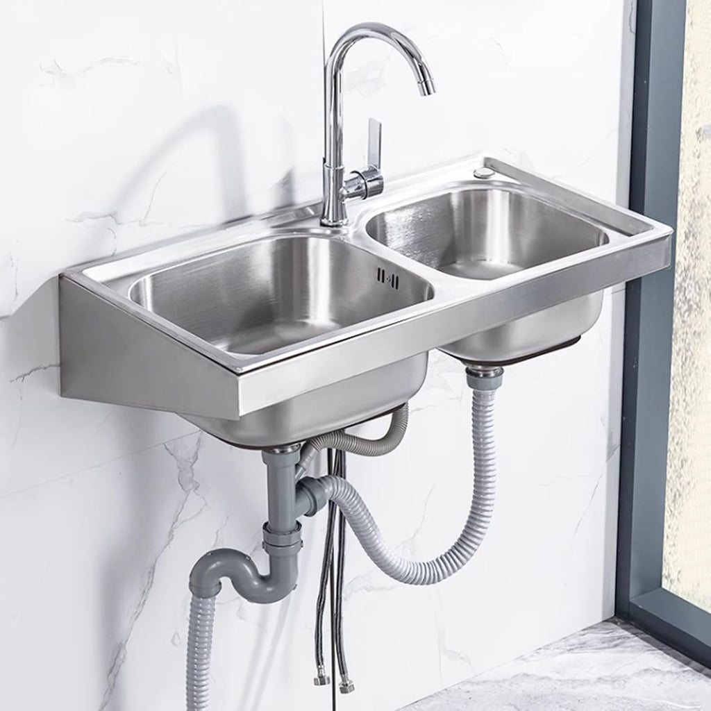 Double Bowl Kitchen Sink, Stainless Steel Hand Sink, Wall-Mounted Commercial Sink, Household Hand Wash Basin, with Faucet Hole Drainage Basket (Color : Silver, Size : A(75x40x6cm)) (Silver A(75x4