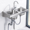 Double Bowl Kitchen Sink, Stainless Steel Hand Sink, Wall-Mounted Commercial Sink, Household Hand Wash Basin, with Faucet Hole Drainage Basket (Color : Silver, Size : A(75x40x6cm)) (Silver A(75x4