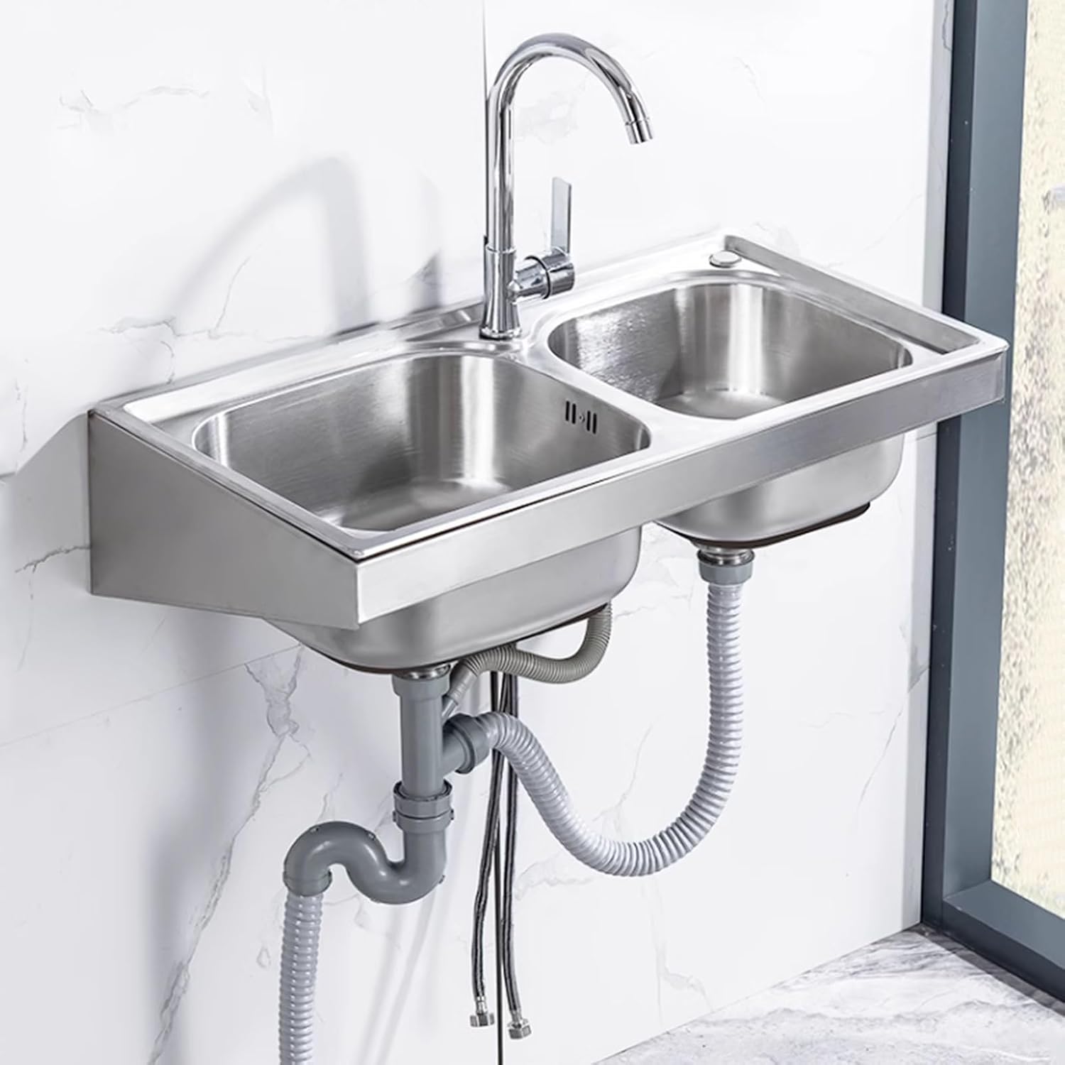 Double Bowl Kitchen Sink, Stainless Steel Hand Sink, Wall-Mounted Commercial Sink, Household Hand Wash Basin, with Faucet Hole Drainage Basket (Color : Silver, Size : A(75x40x6cm)) (Silver A(75x4