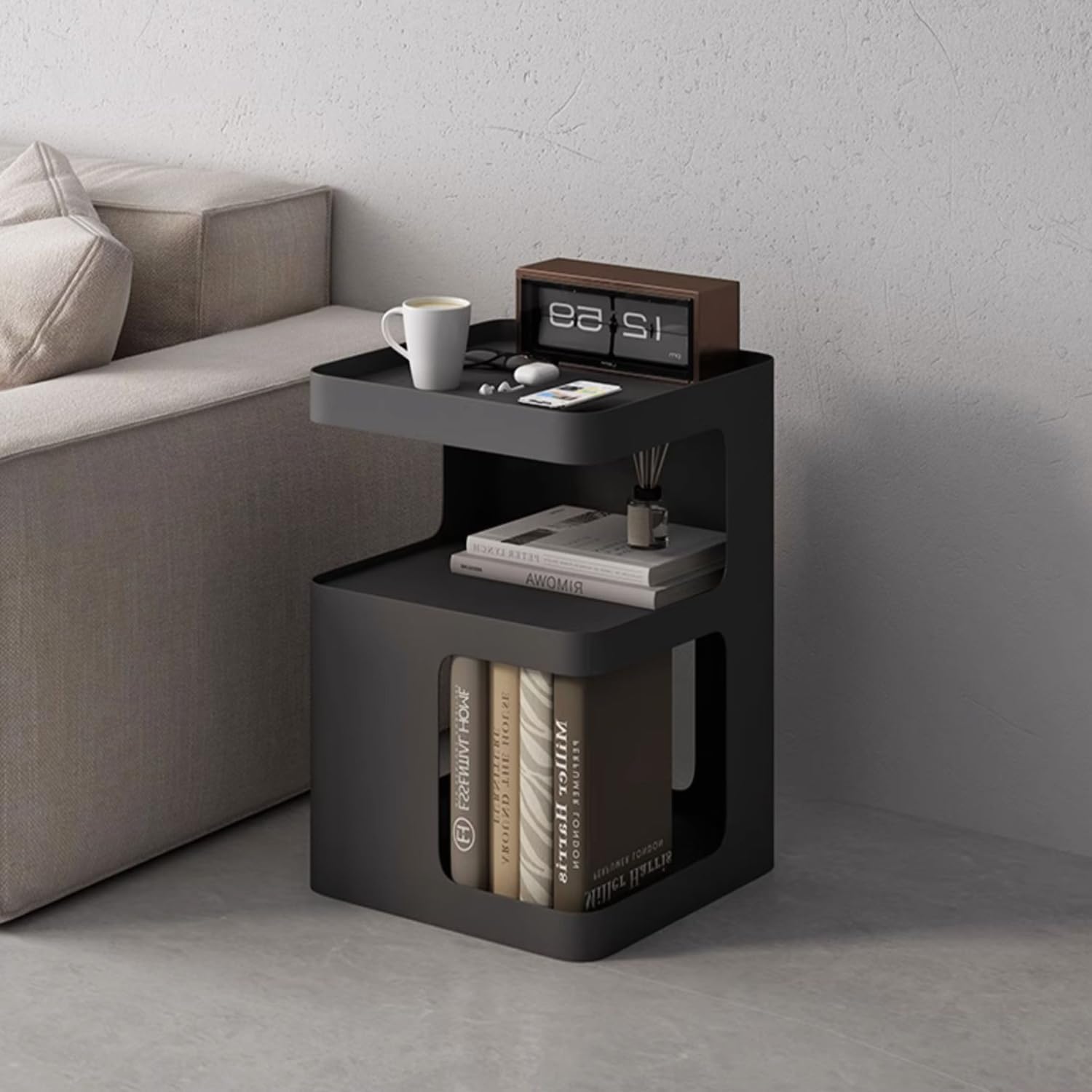 Black Side Table,Modern end Table for Sofa & Couch,3-Tier Metal nightstand,Small Bedside Table with Storage for Bedroom,Living Room,Small Space.No Assembly Required